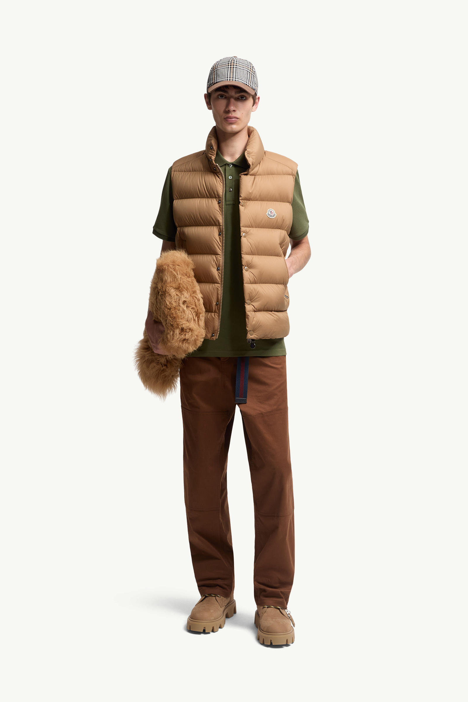 Logo Patch Cotton Piquet Polo Shirt Men Khaki Moncler 0