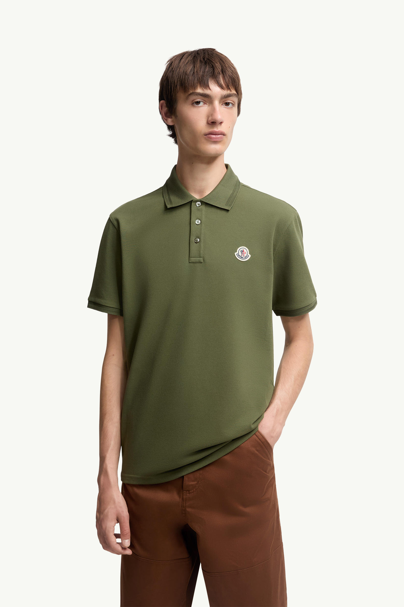 Logo Patch Cotton Piquet Polo Shirt Men Khaki Moncler 3