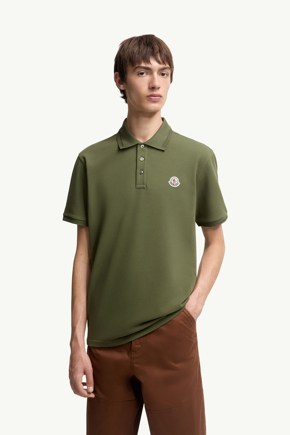 Polo en piqué de coton à empiècement logo Hommes Kaki Moncler 3