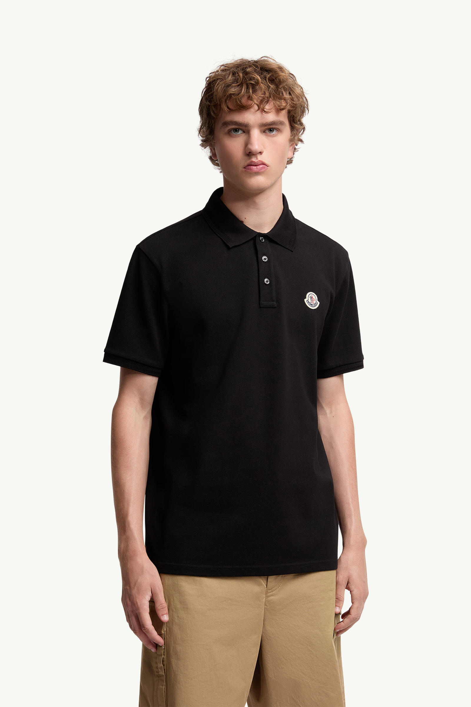 Logo Patch Cotton Piquet Polo Shirt Men Black Moncler 3