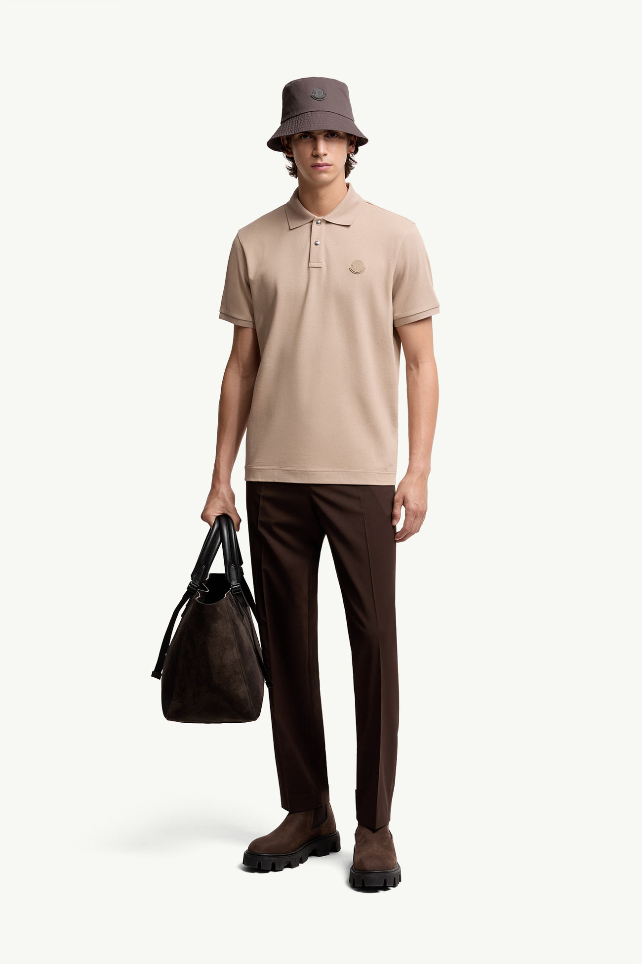 Polo in cotone piquet con patch logato Uomo Beige Chiaro Moncler 0