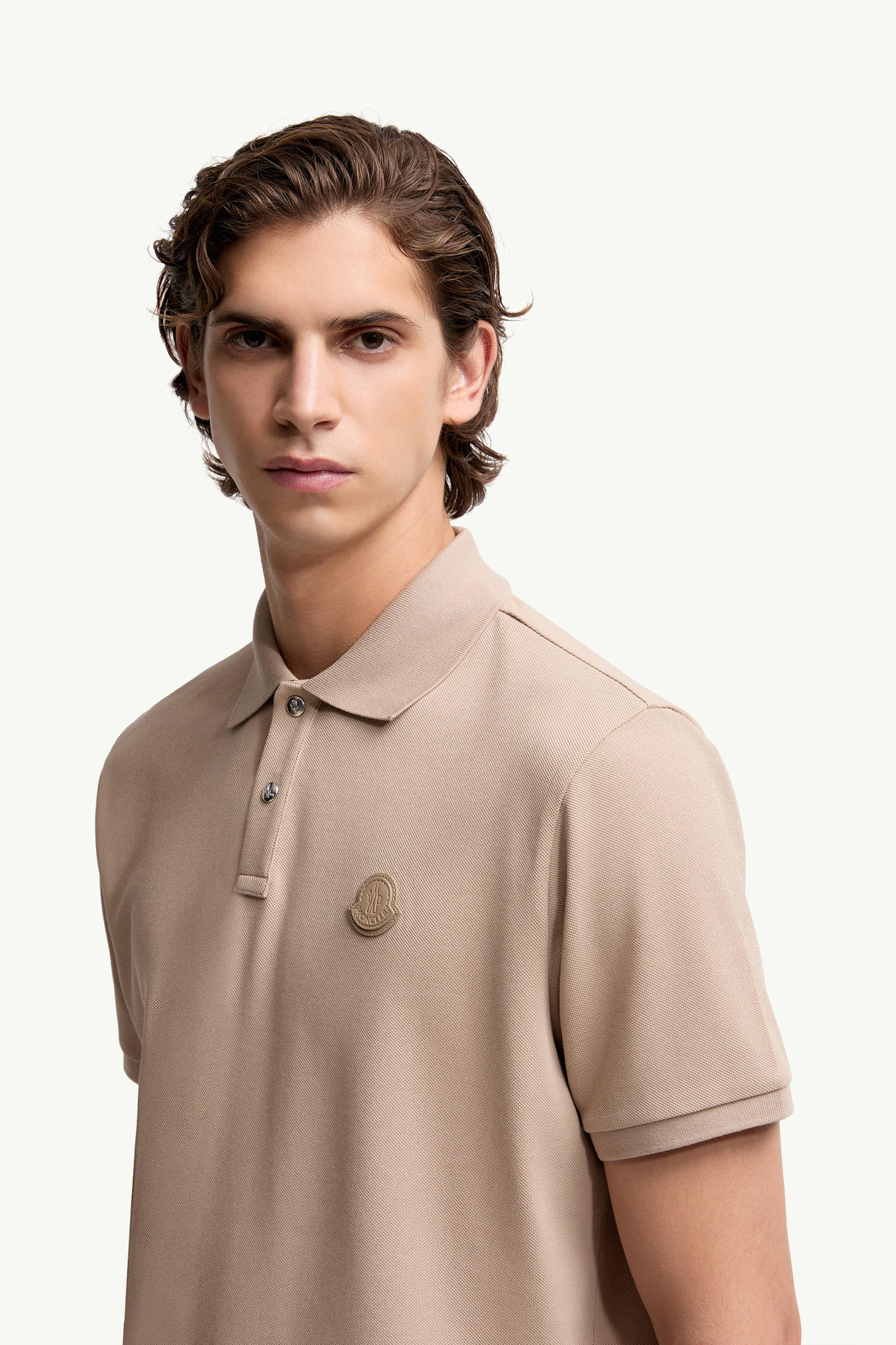 Logo Patch Cotton Piquet Polo Shirt Men Light Beige Moncler 1