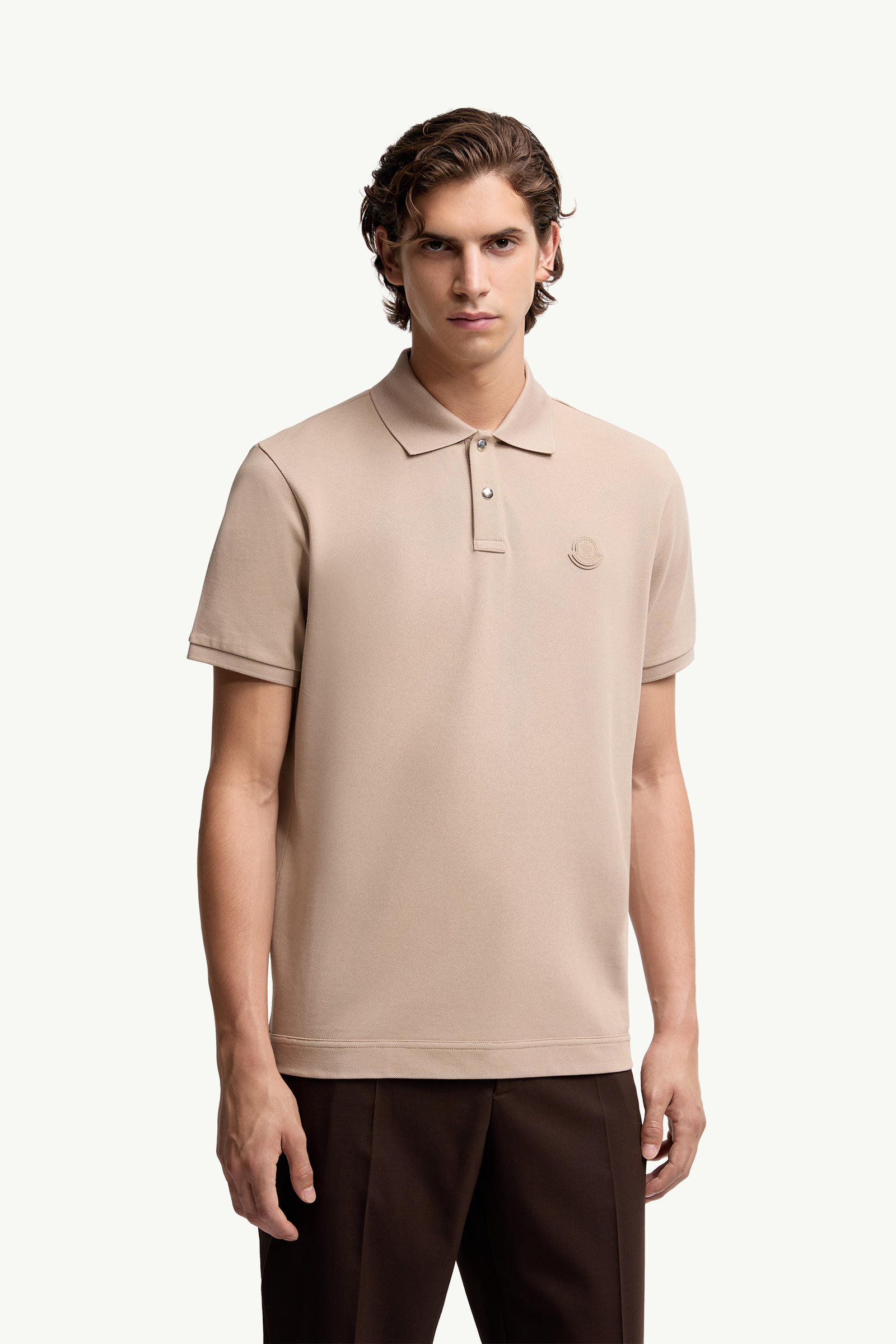 Logo Patch Cotton Piquet Polo Shirt Men Light Beige Moncler 3