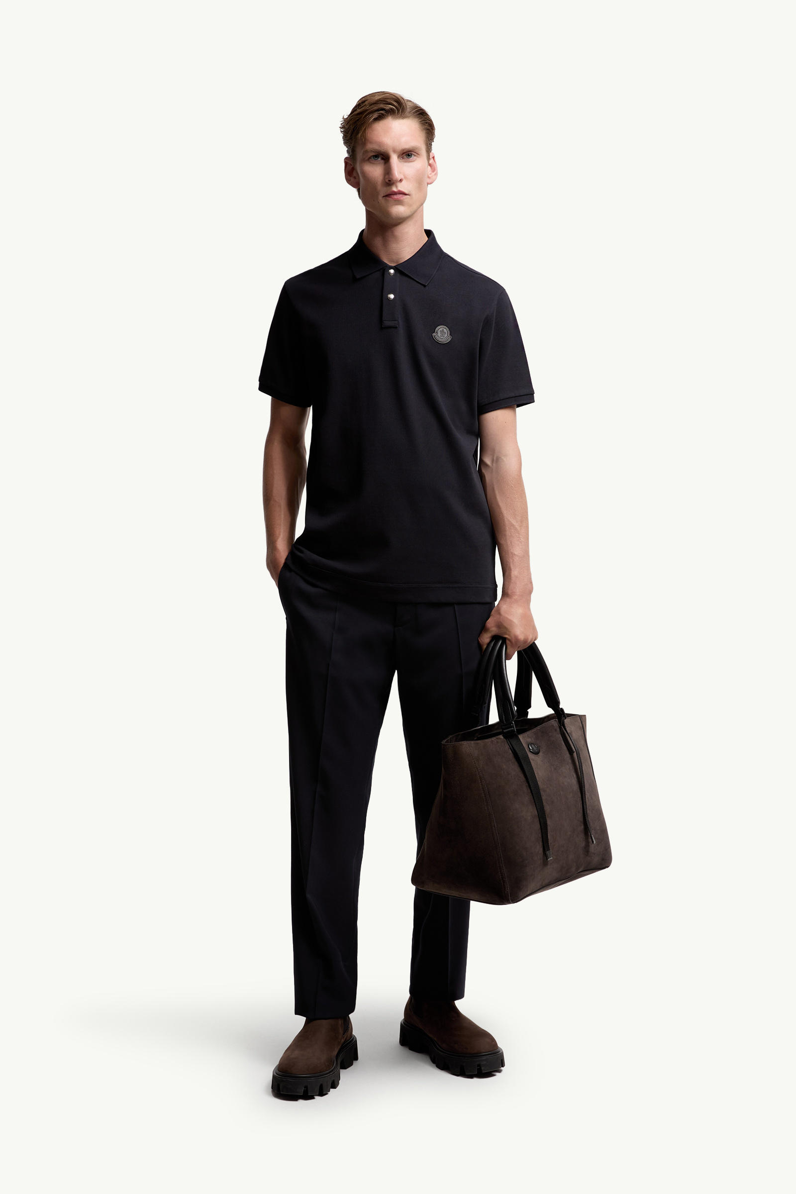 Logo Patch Cotton Piquet Polo Shirt Men Navy Blue Moncler 0