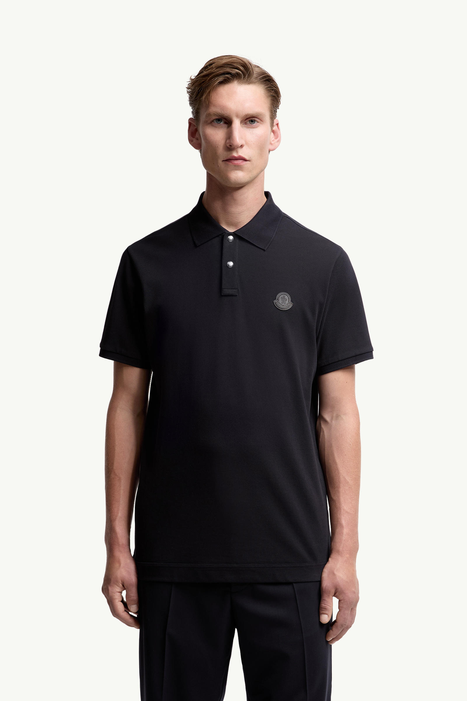 Logo Patch Cotton Piquet Polo Shirt Men Navy Blue Moncler 3