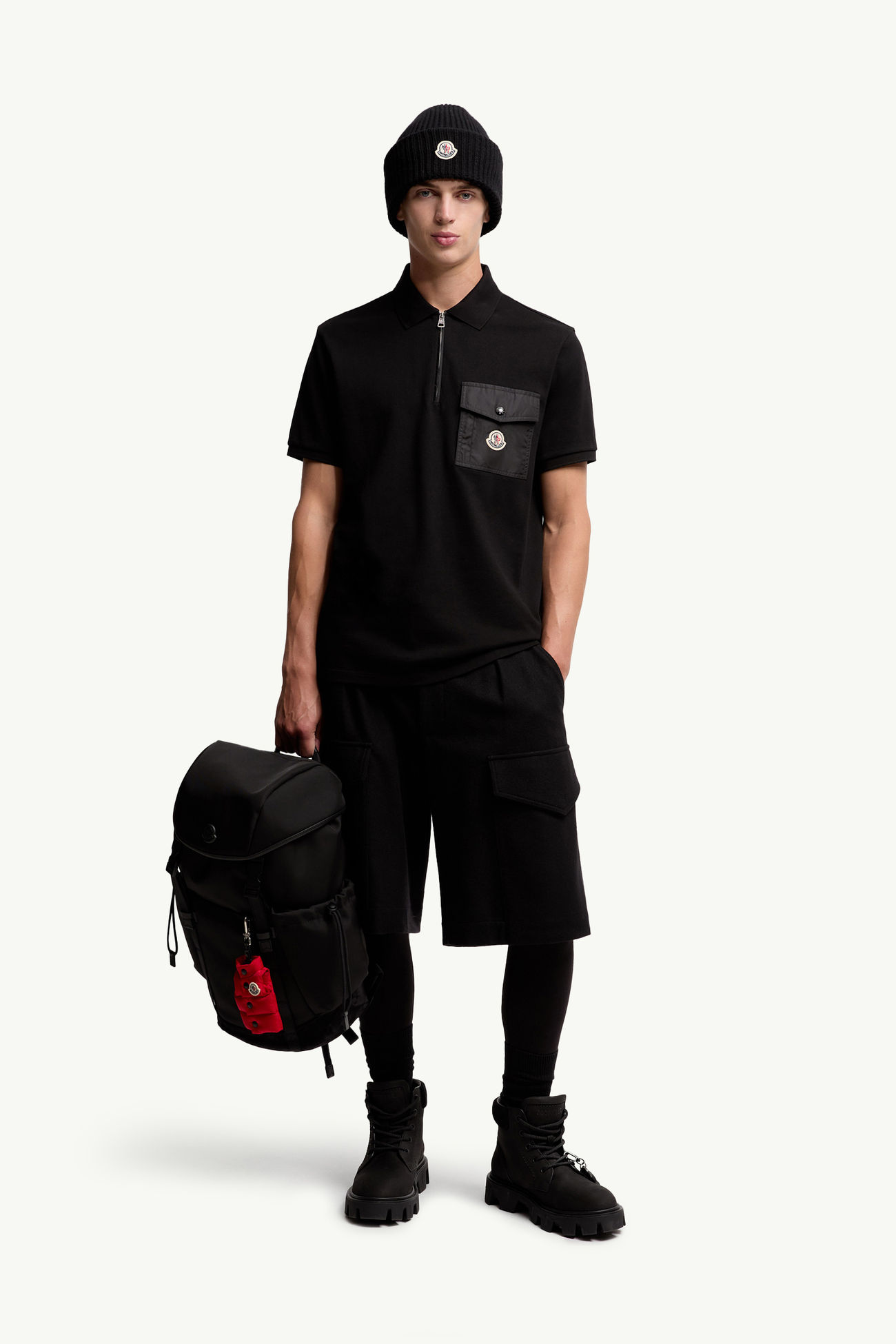 Polo de piqué de algodón con bolsillo Hombre Negro Moncler 0