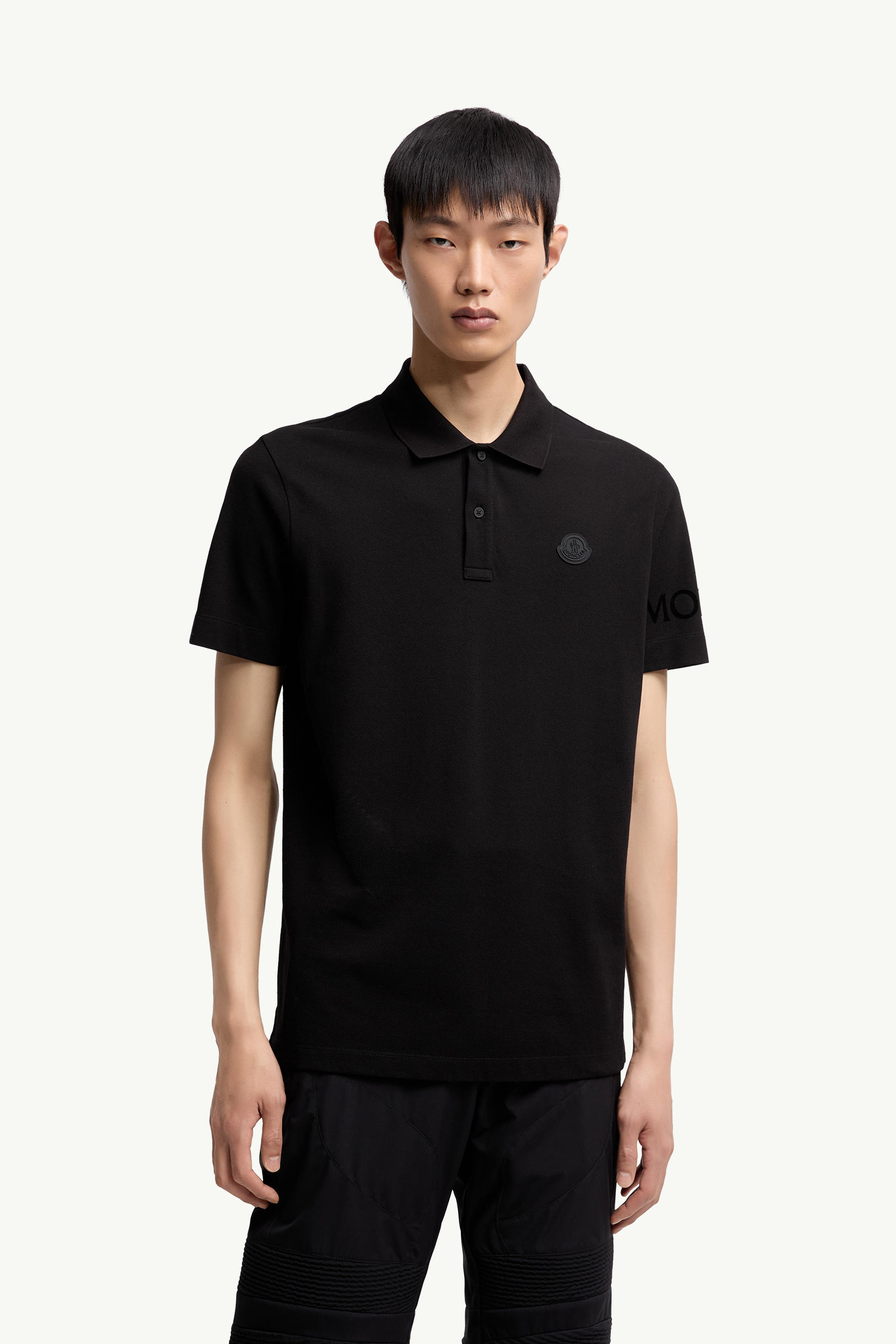 Logo Cotton Piquet Polo Shirt Men Black Moncler 3