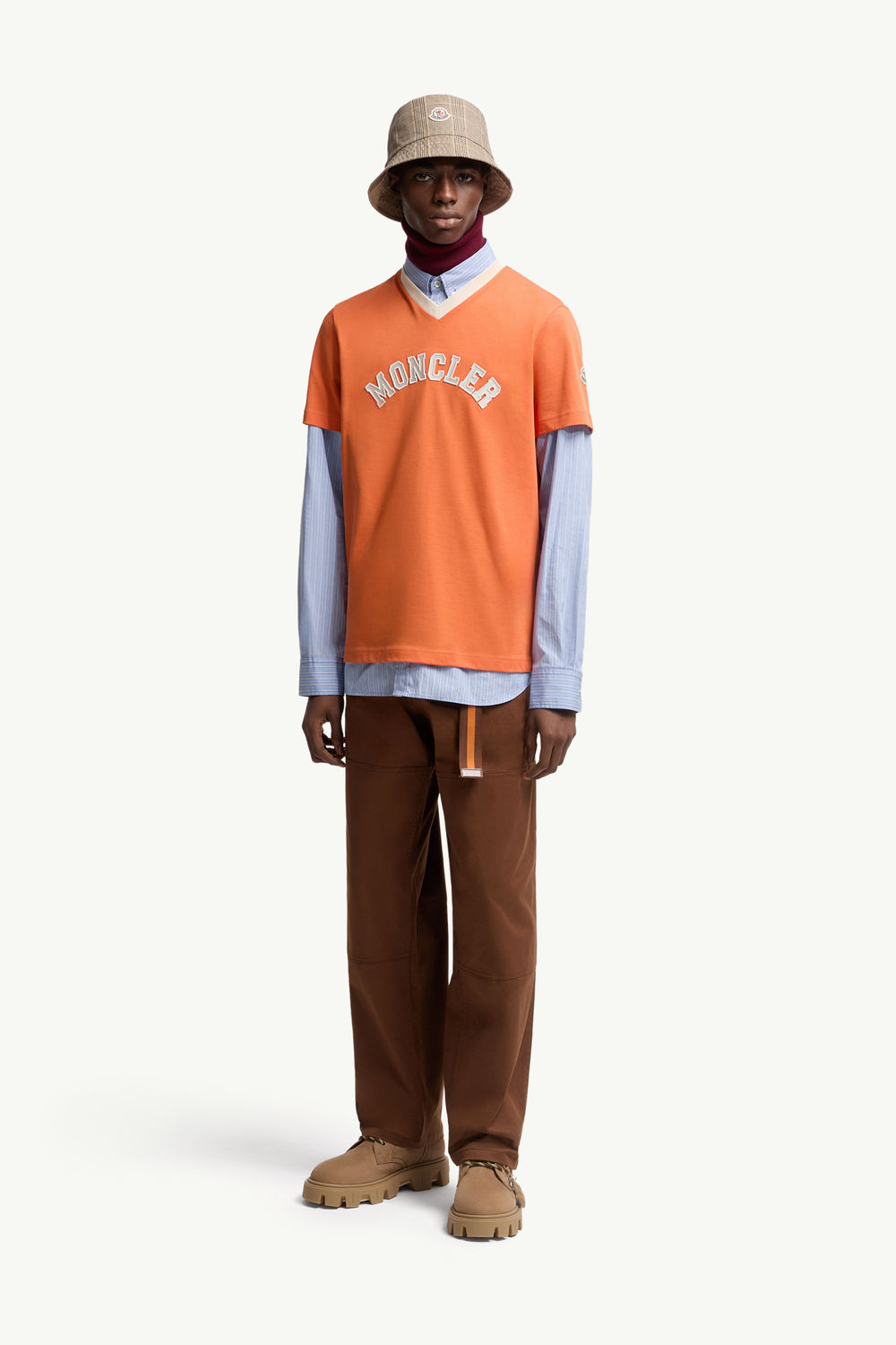 Embroidered Logo Cotton Piquet V-Neck T-Shirt Men Orange Moncler 0