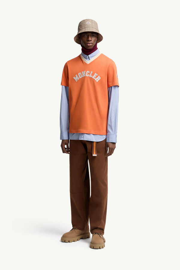 Embroidered Logo Cotton Piquet V-Neck T-Shirt Men Orange Moncler 0