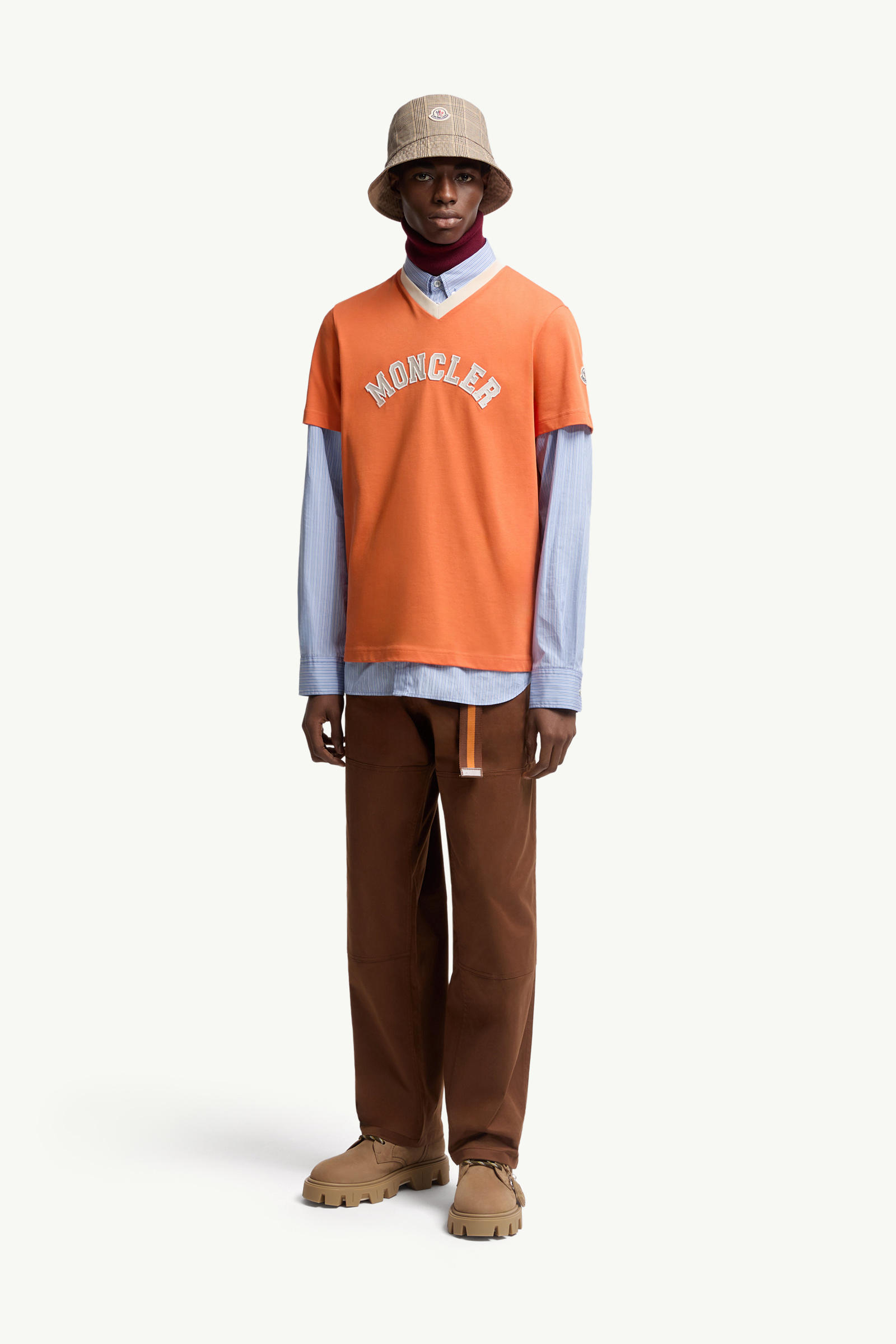 Embroidered Logo Cotton Piquet V-Neck T-Shirt Men Orange Moncler 0