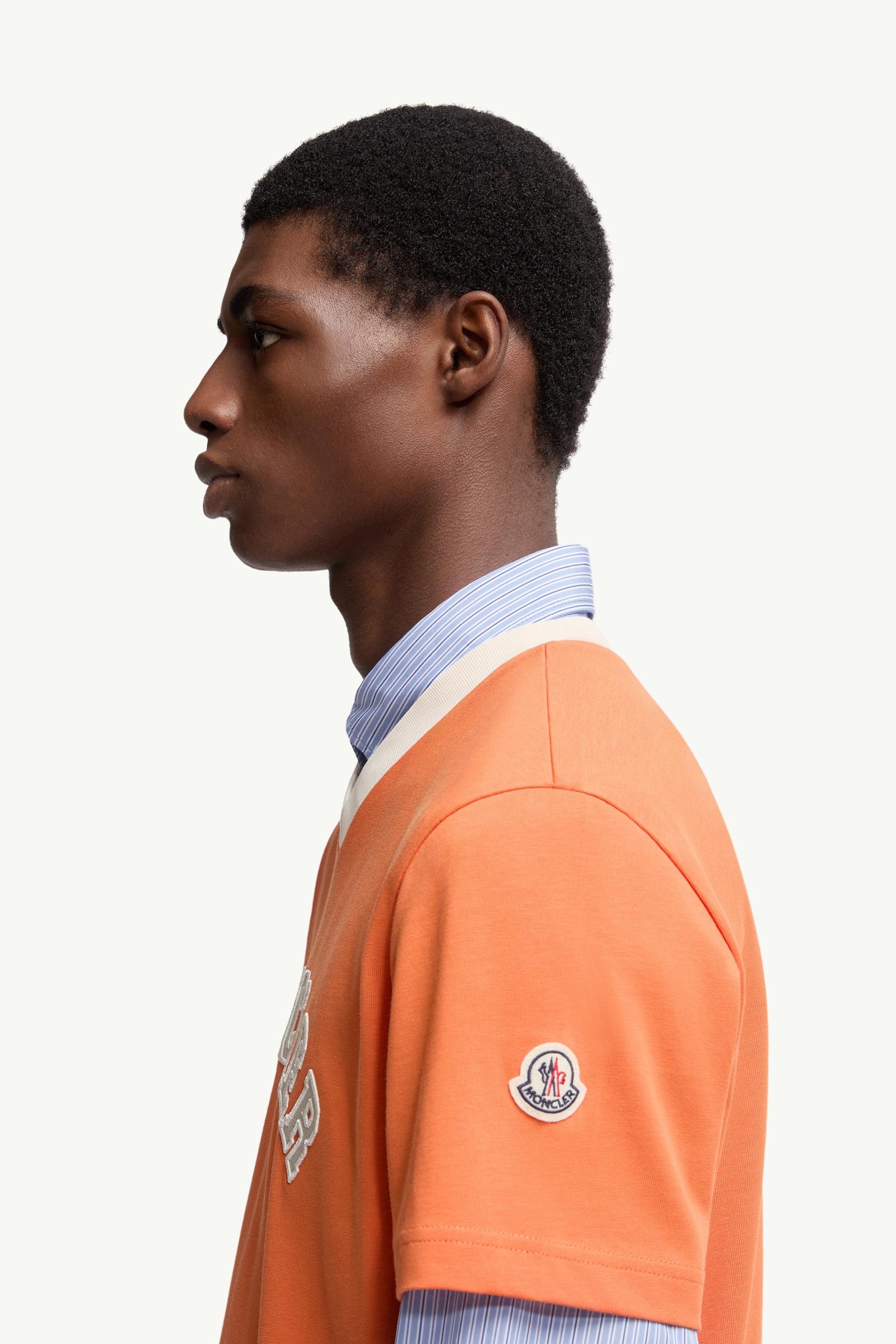Embroidered Logo Cotton Piquet V-Neck T-Shirt Men Orange Moncler 1