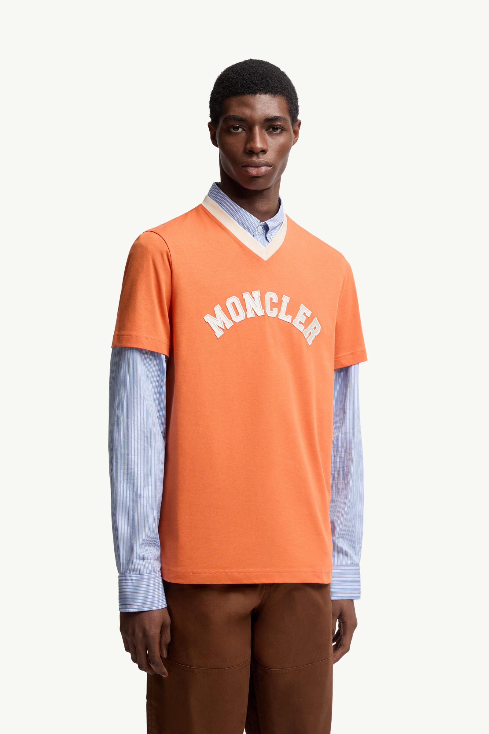 Embroidered Logo Cotton Piquet V-Neck T-Shirt Men Orange Moncler 3