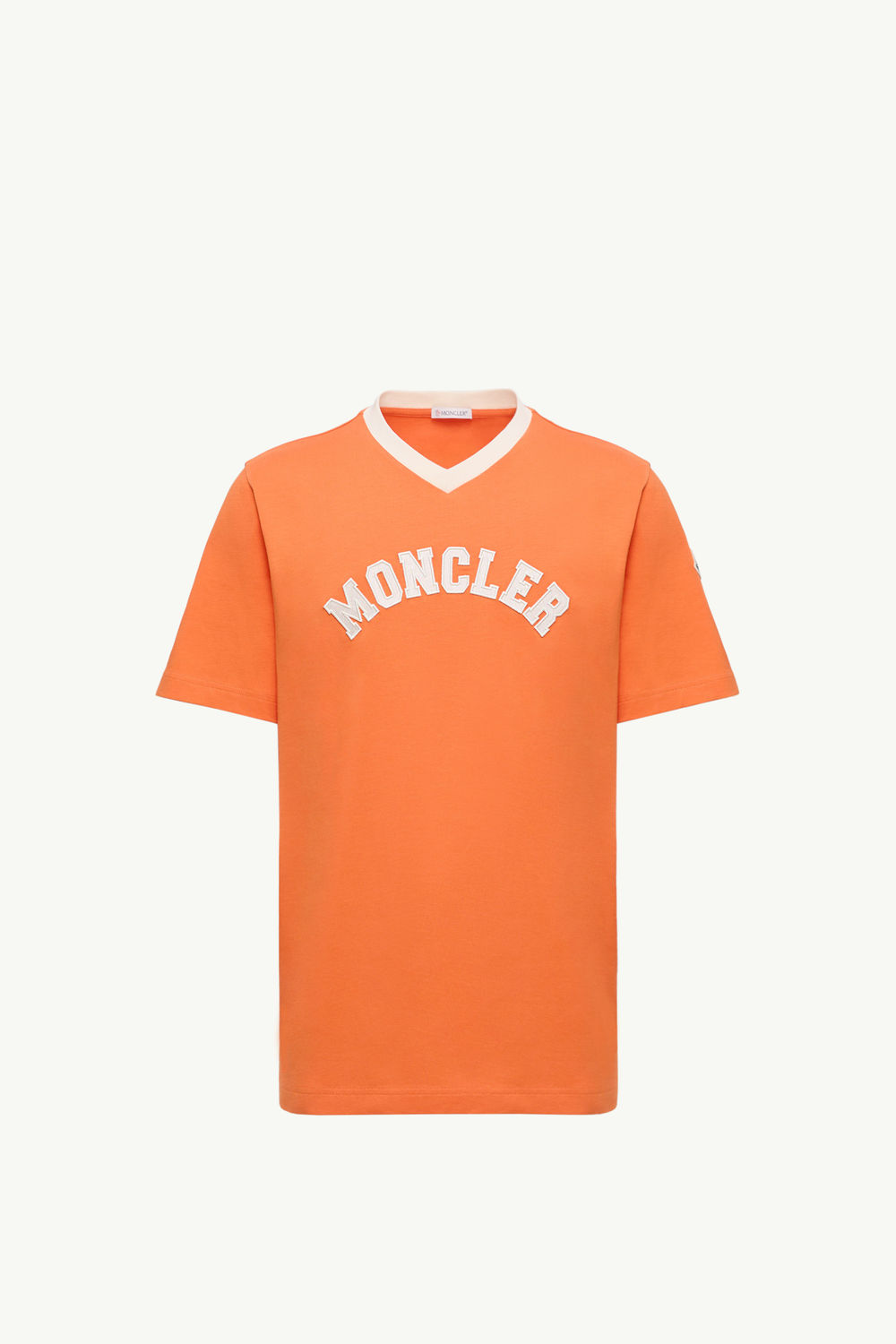 Embroidered Logo Cotton Piquet V-Neck T-Shirt Men Orange Moncler 2