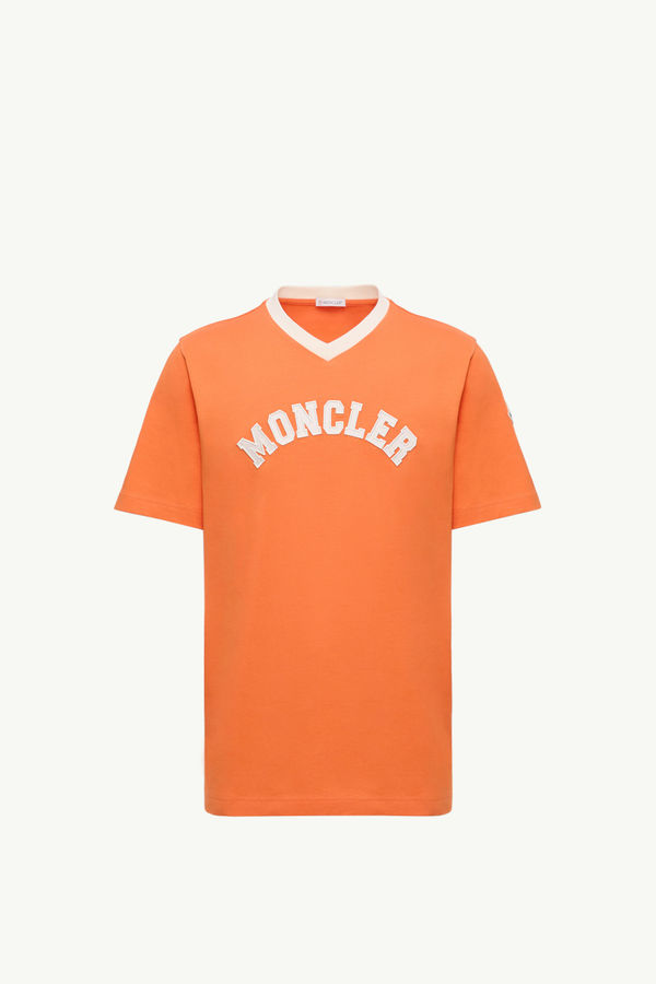 Embroidered Logo Cotton Piquet V-Neck T-Shirt Men Orange Moncler 2