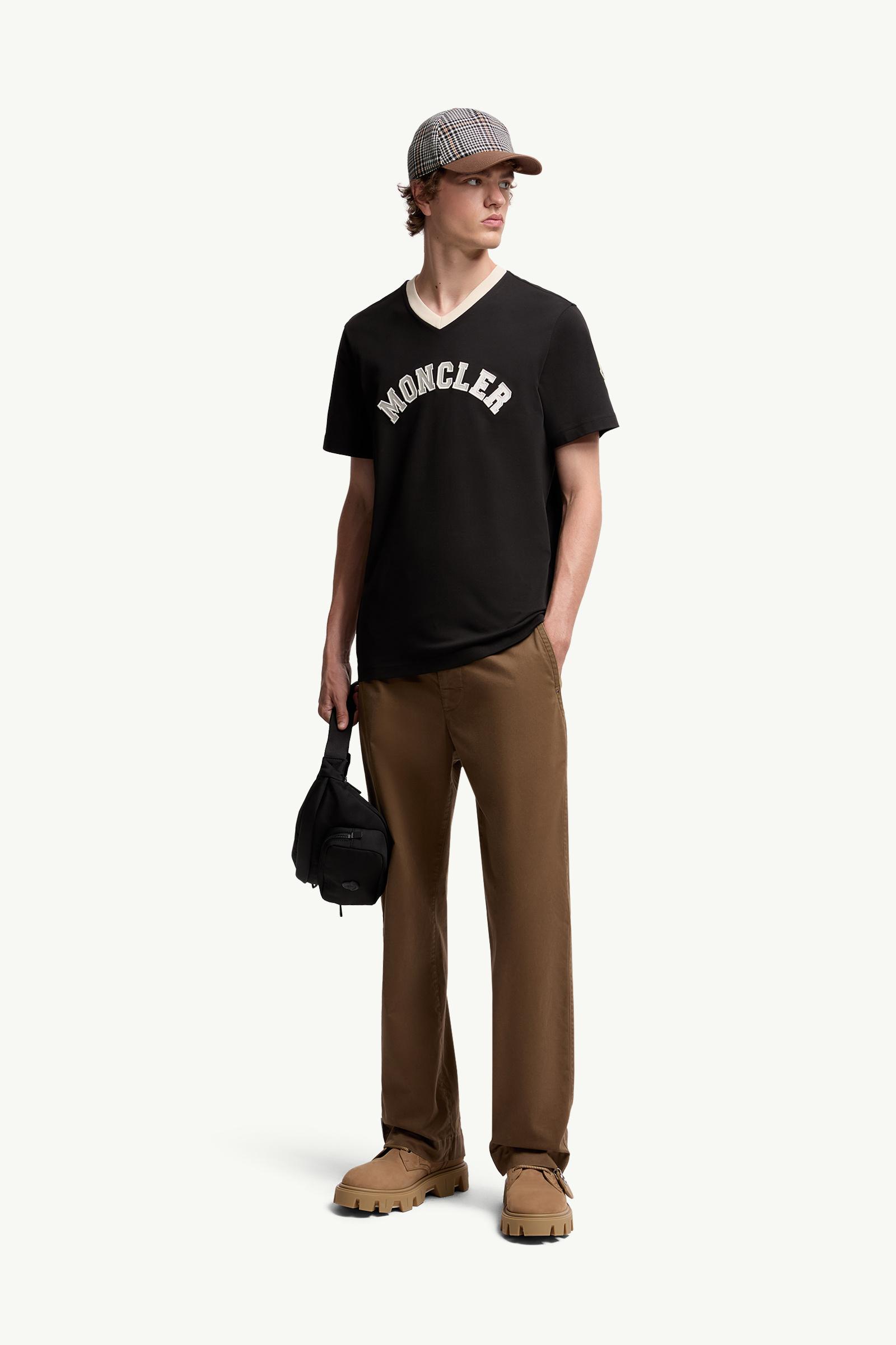 Black Embroidered Logo Cotton Piquet V-Neck T-Shirt - Polos