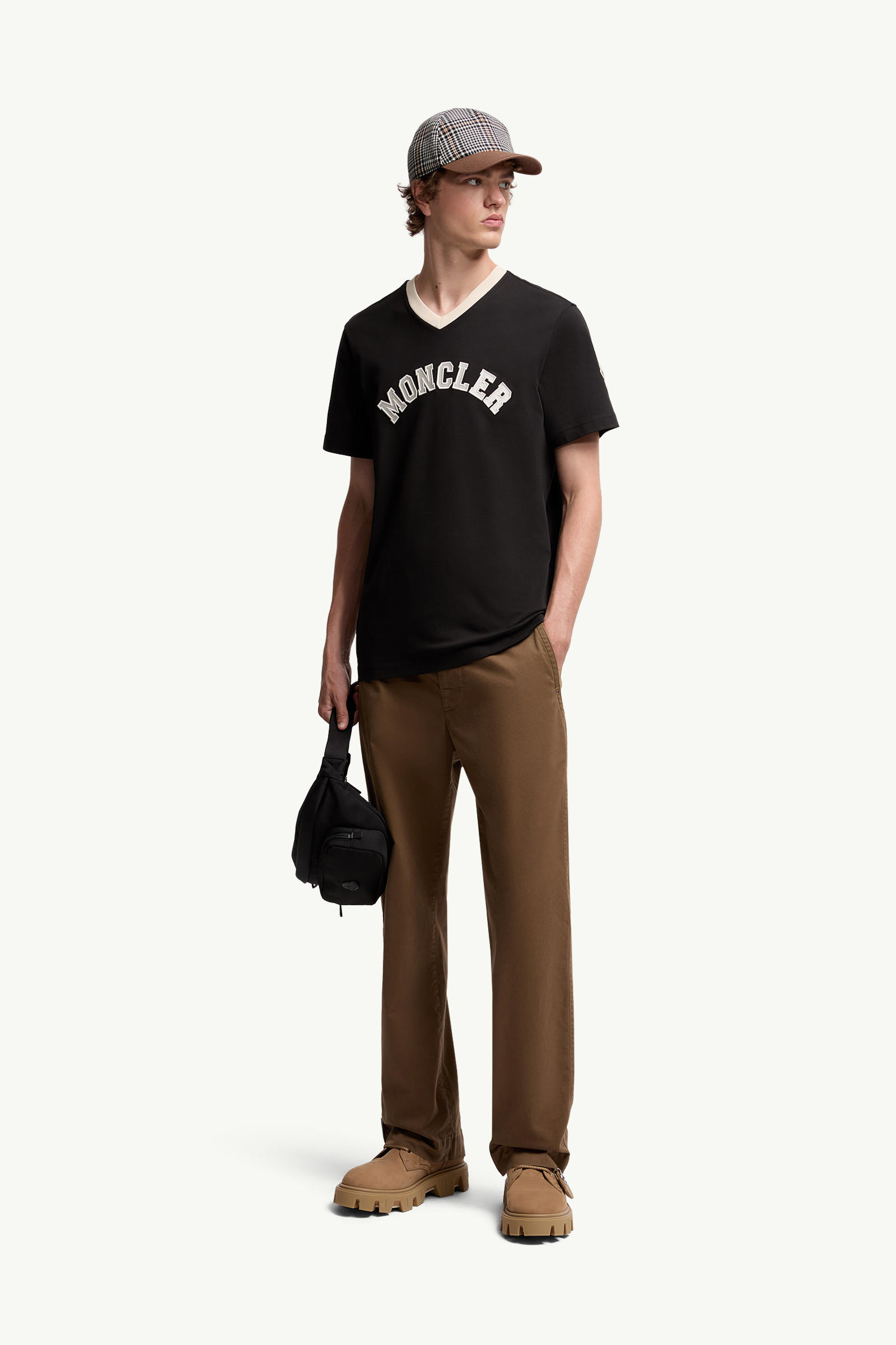 Embroidered Logo Cotton Piquet V-Neck T-Shirt Men Black Moncler 0