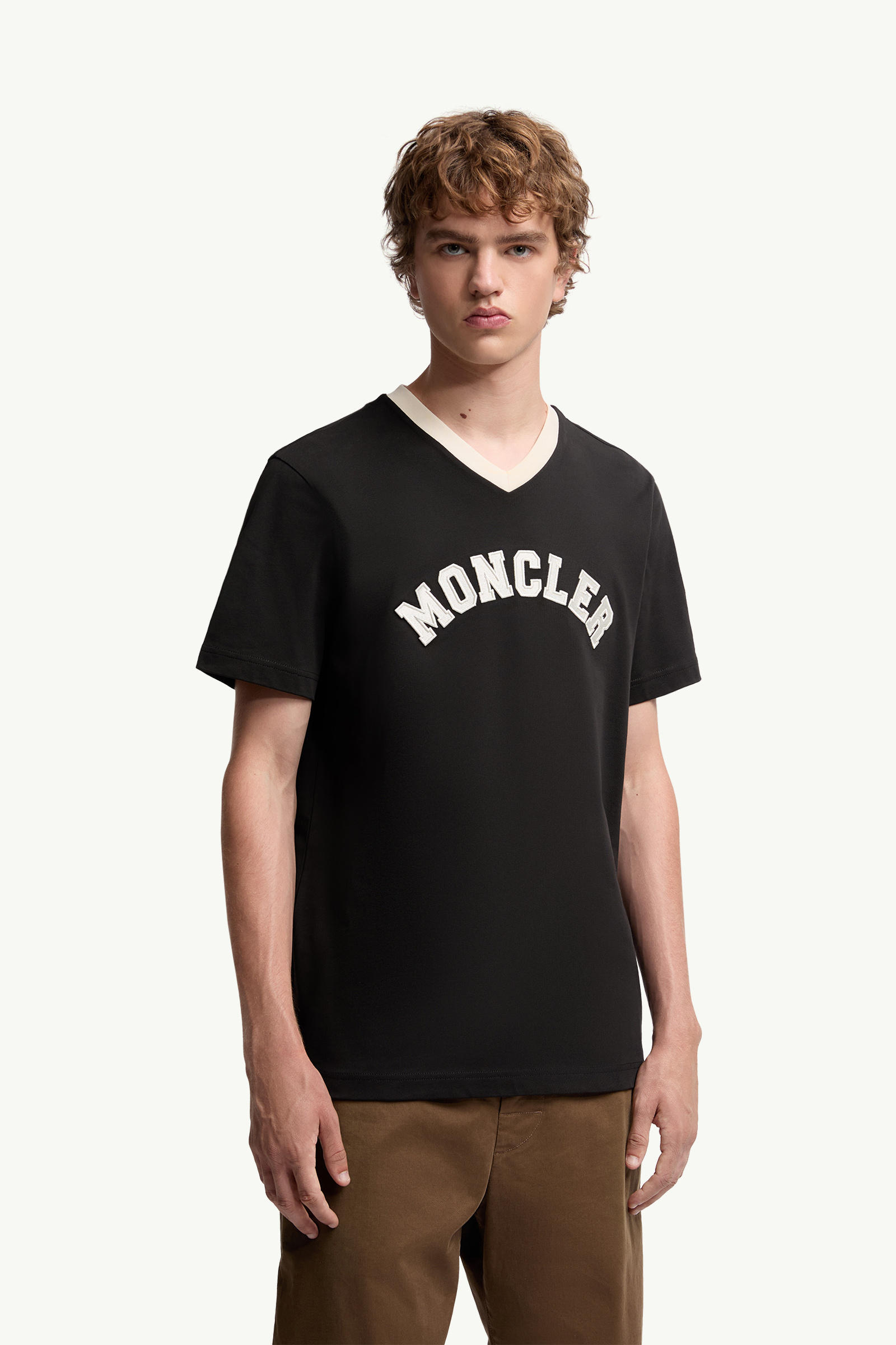 Embroidered Logo Cotton Piquet V-Neck T-Shirt Men Black Moncler 3