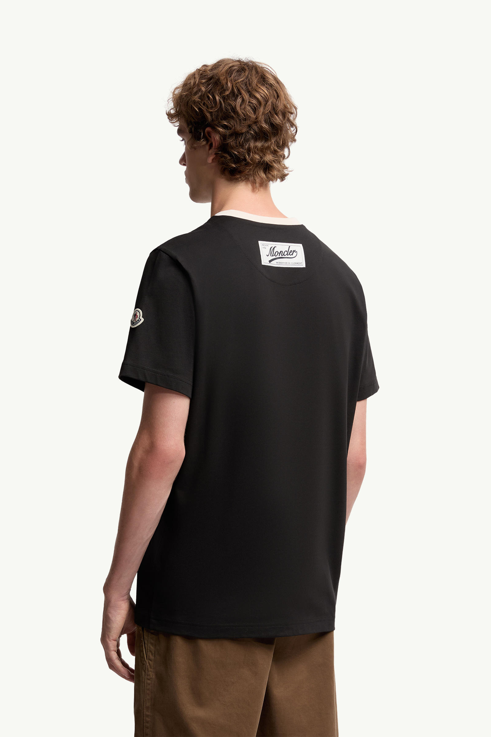 Embroidered Logo Cotton Piquet V-Neck T-Shirt Men Black Moncler 4