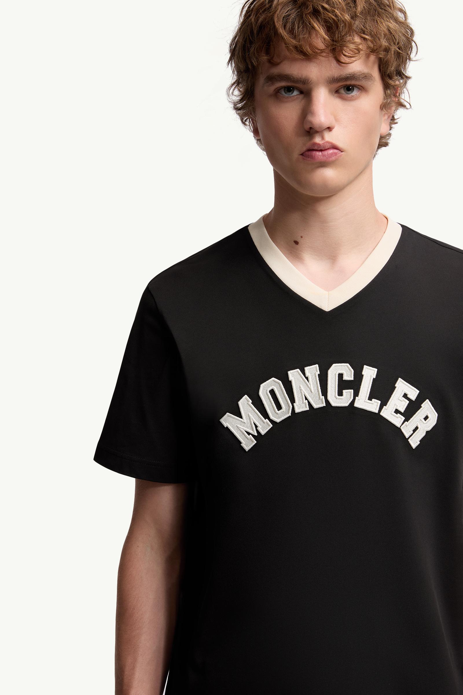 Black Embroidered Logo Cotton Piquet V-Neck T-Shirt - Polos