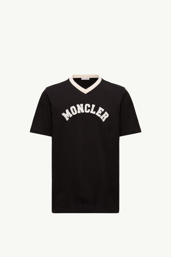 Embroidered Logo Cotton Piquet V-Neck T-Shirt Men Black Moncler 2