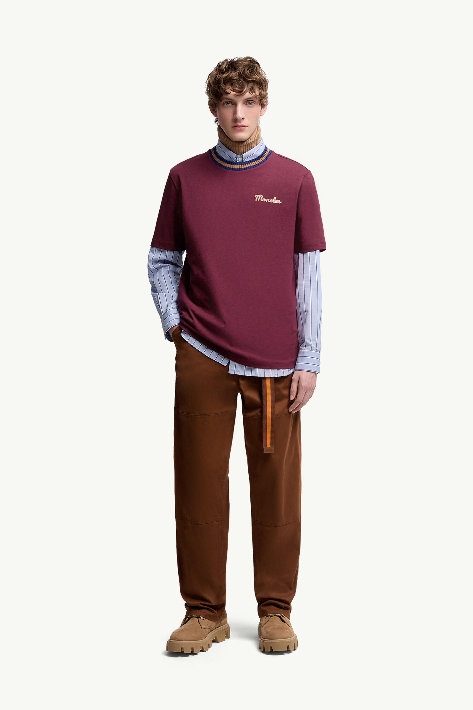 Embroidered Logo Cotton T-Shirt Men Burgundy Moncler 0