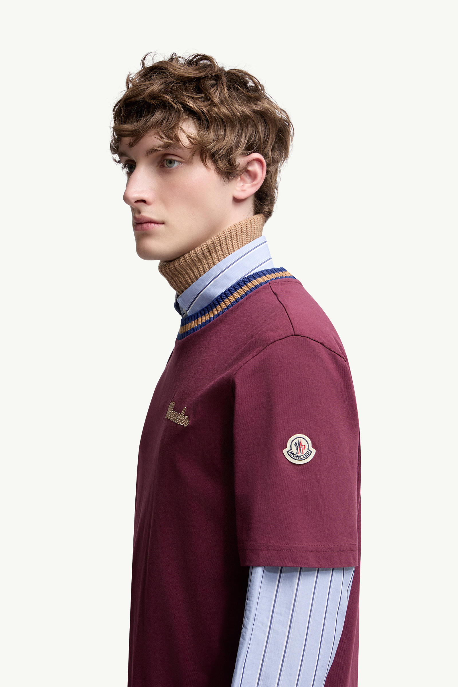Embroidered Logo Cotton T-Shirt Men Burgundy Moncler 1
