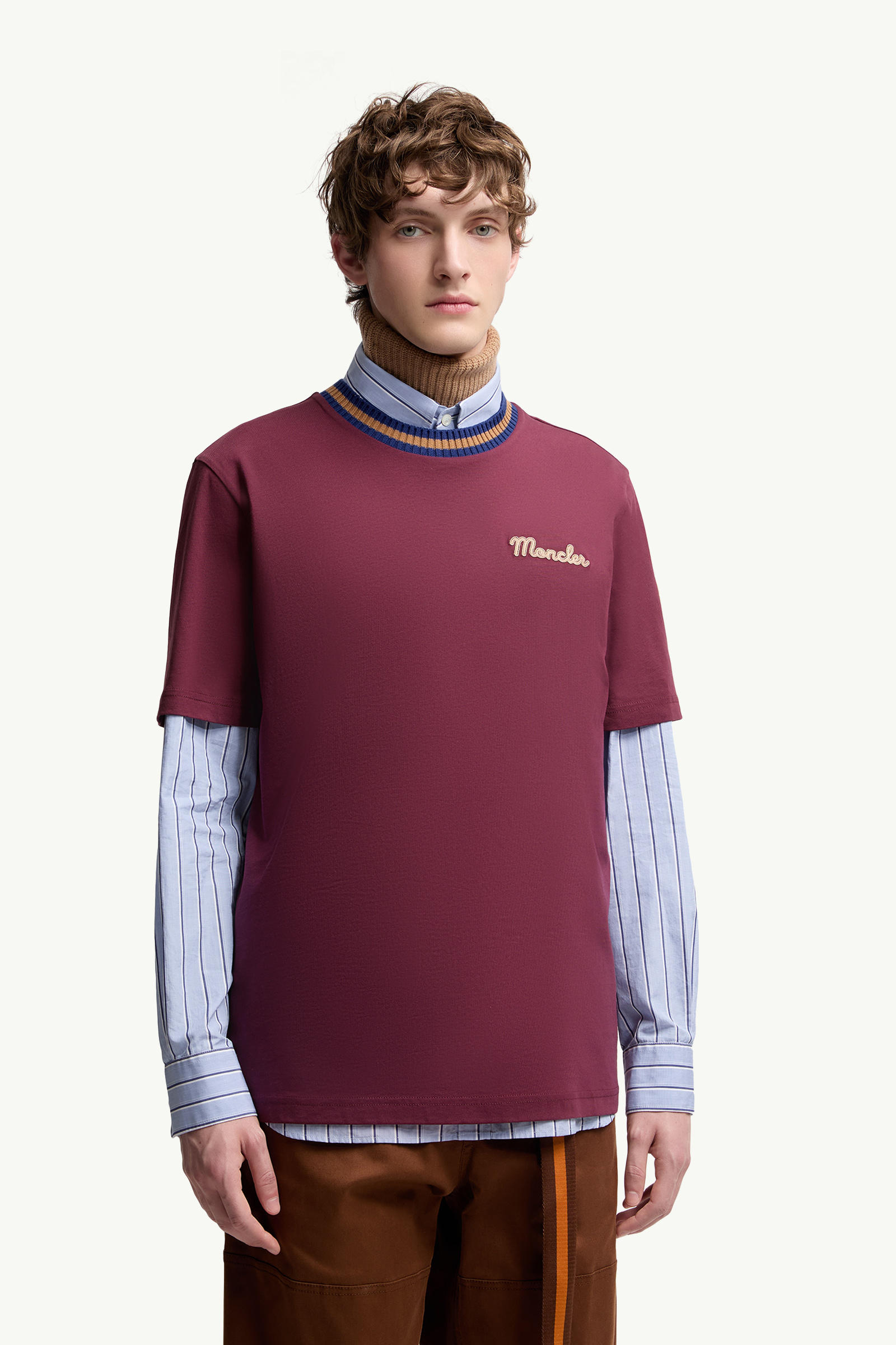 Embroidered Logo Cotton T-Shirt Men Burgundy Moncler 3