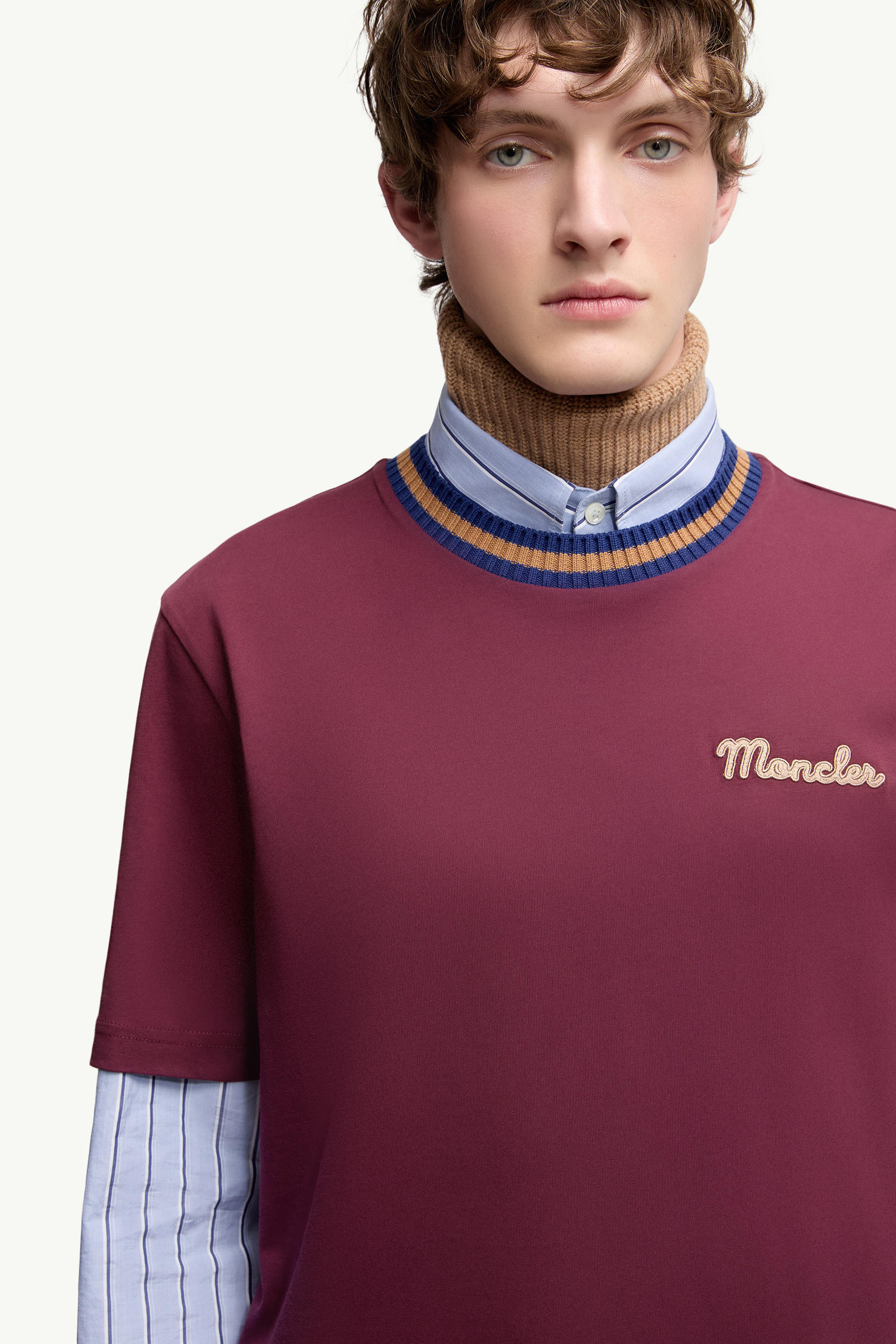 Embroidered Logo Cotton T-Shirt Men Burgundy Moncler 5