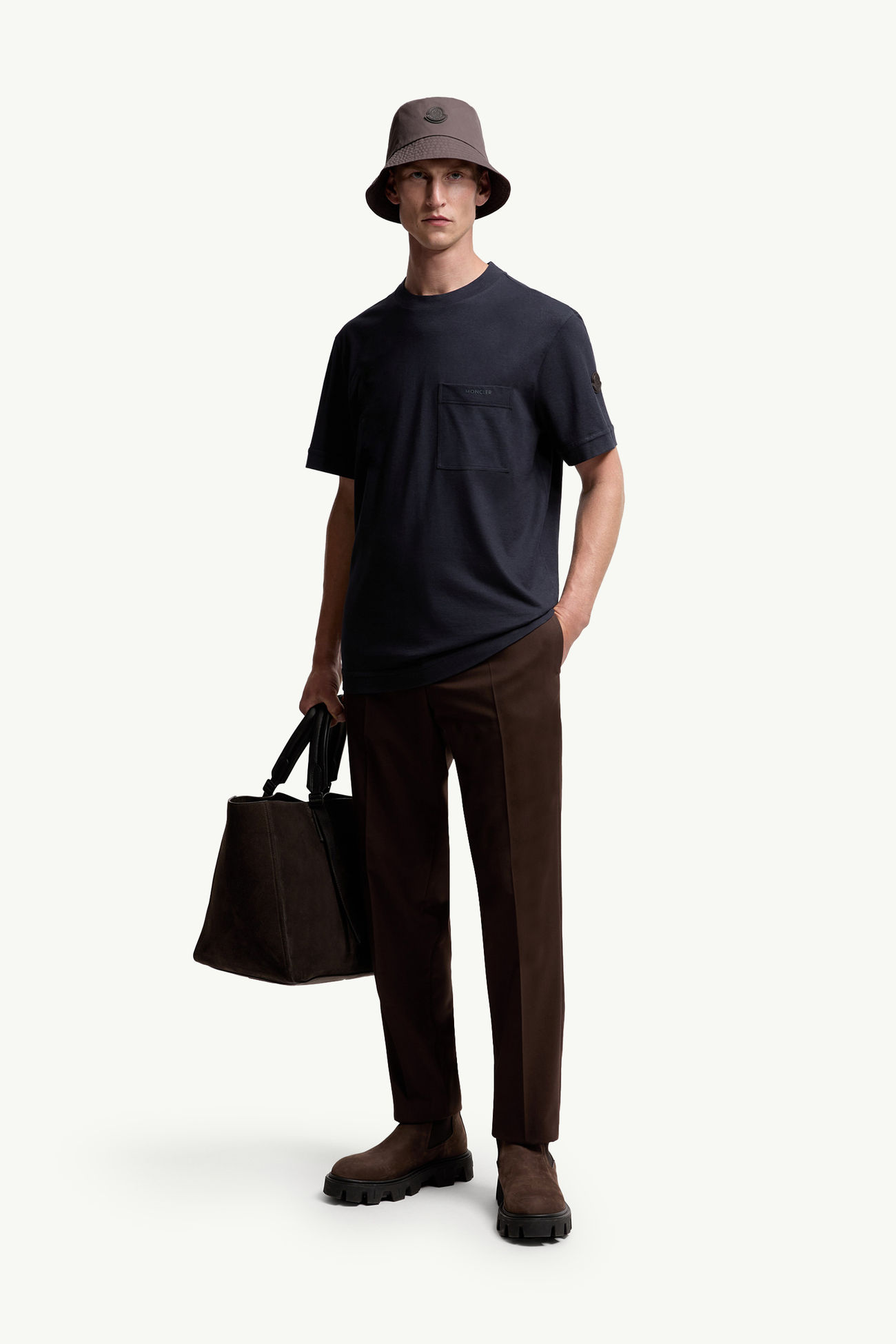 T-Shirt aus Baumwolle und Seide mit Tasche und Logo Herren Navyblau Moncler 0