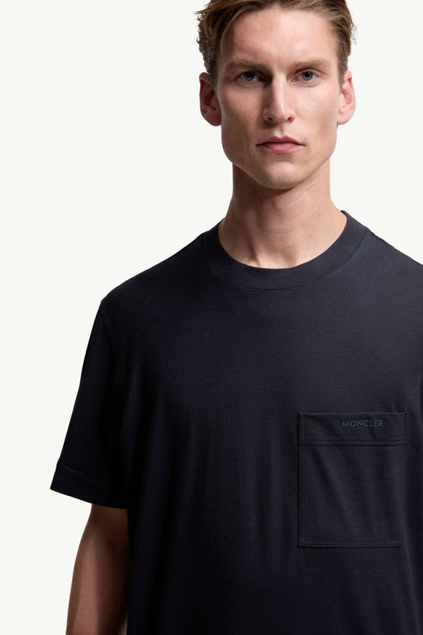 Logo Cotton & Silk T-Shirt with Pocket Men Navy Blue Moncler 5