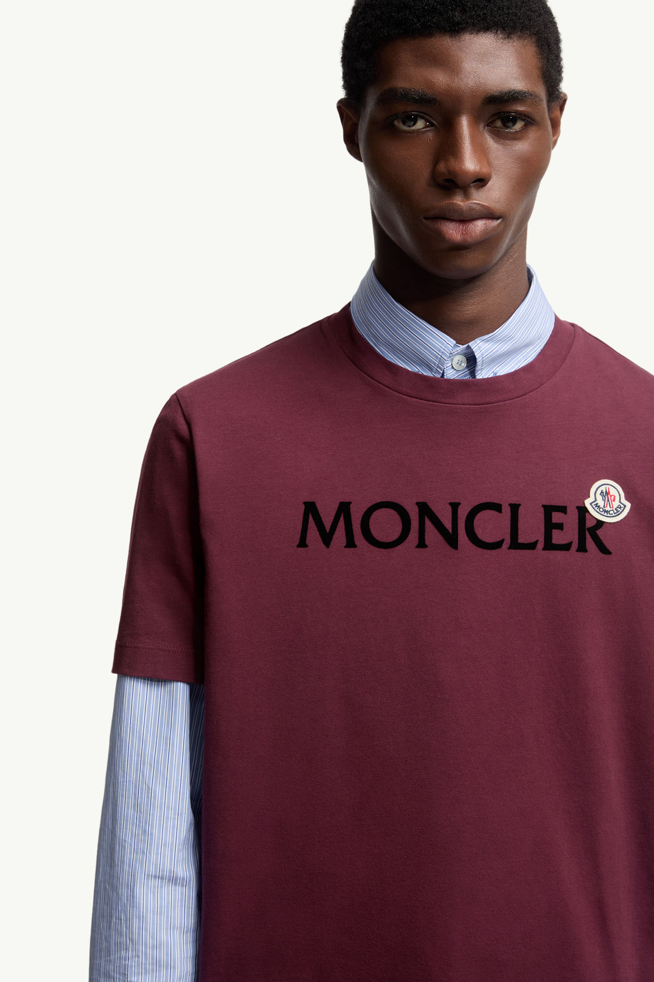 Flocked Logo Cotton T-Shirt Men Burgundy Moncler 5