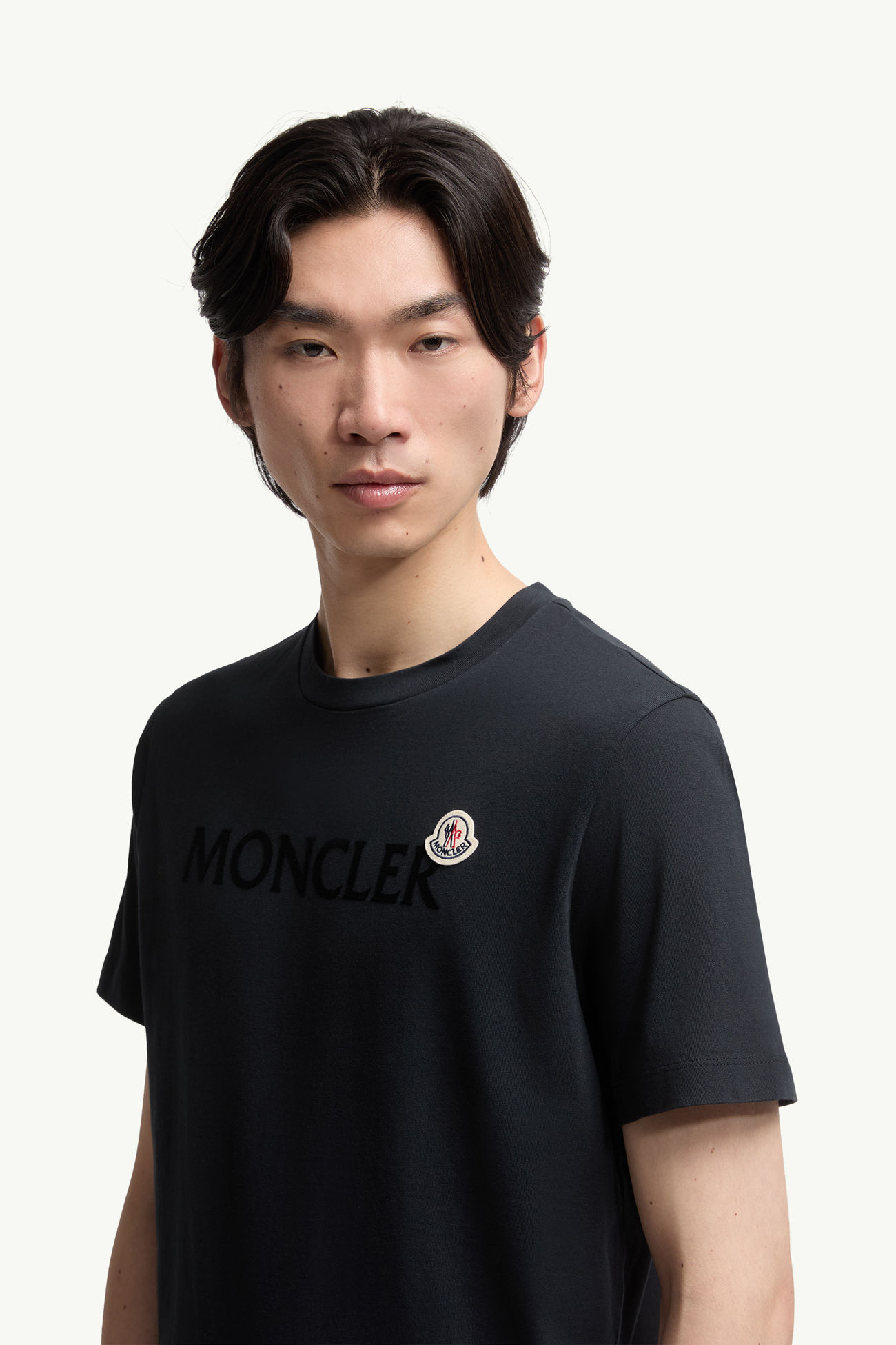 T-shirt con logo floccato in cotone Uomo Blu Notte Moncler 1
