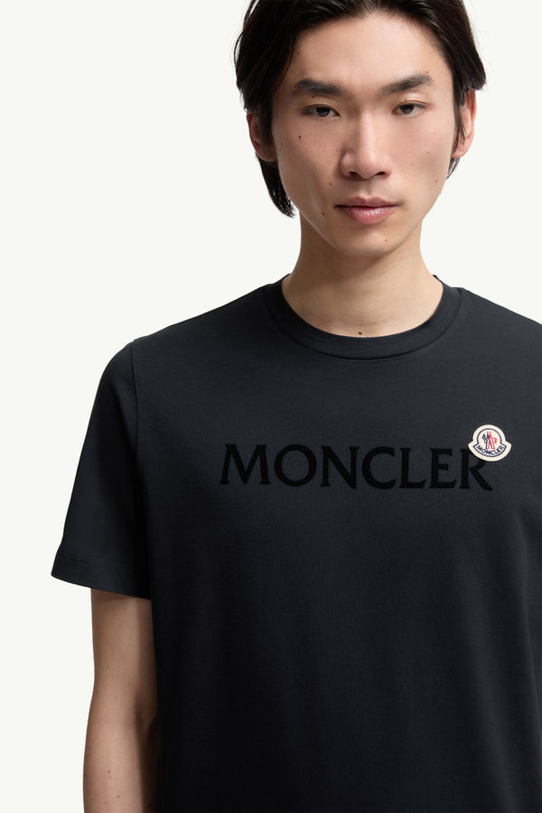 Flocked Logo Cotton T-Shirt Men Night Blue Moncler 5