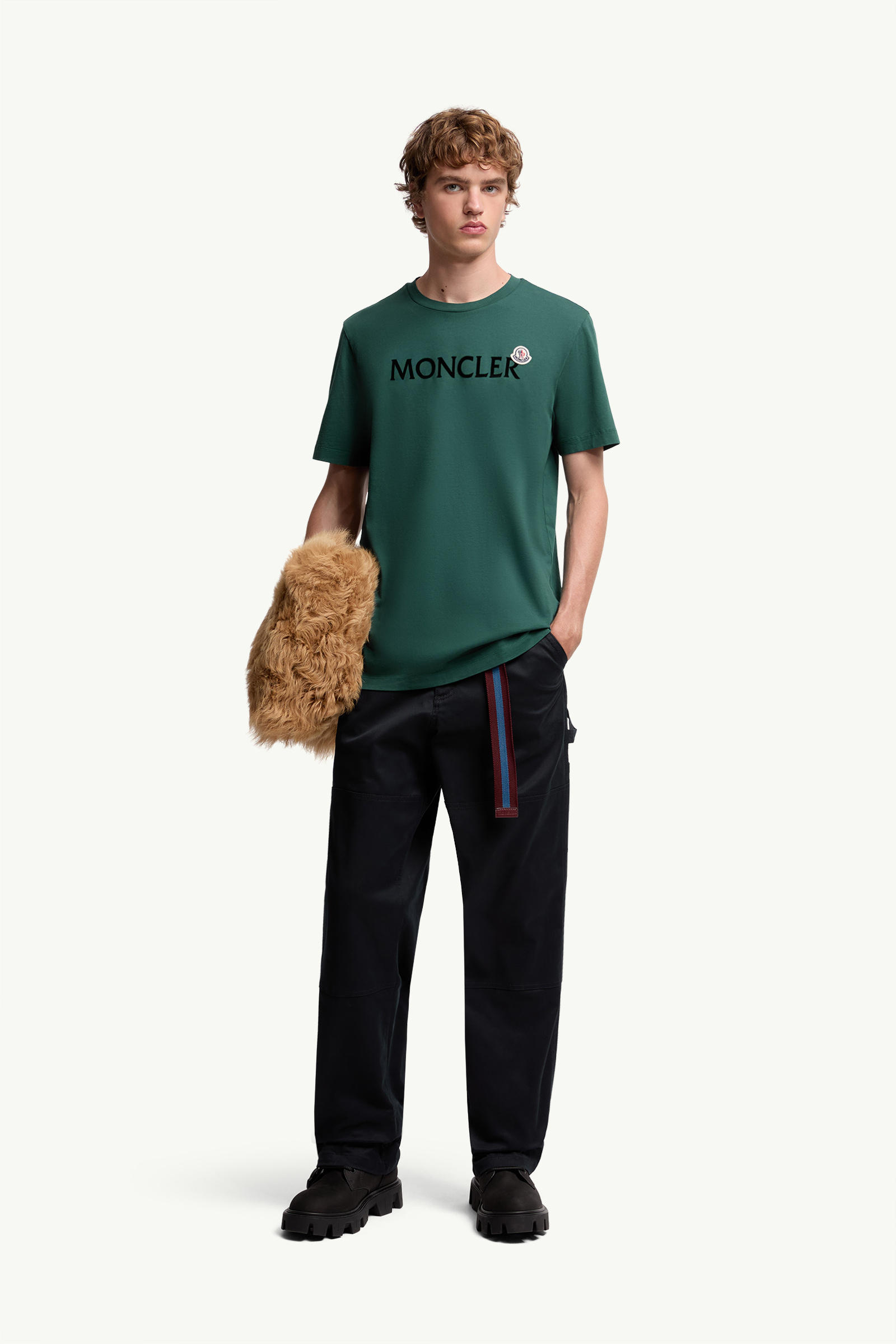 Flocked Logo Cotton T-Shirt Men Leaf Green Moncler 0
