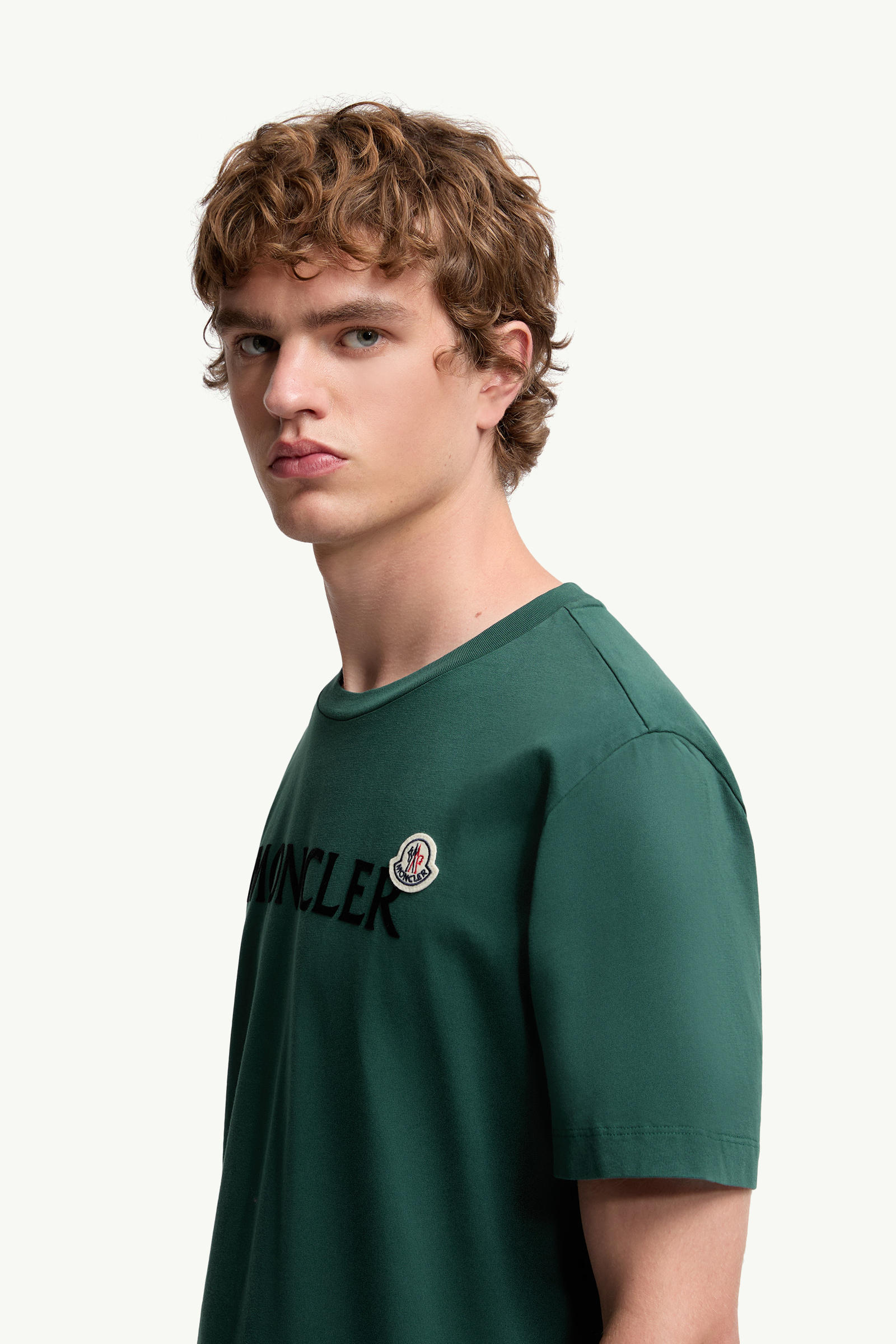 Flocked Logo Cotton T-Shirt Men Leaf Green Moncler 1