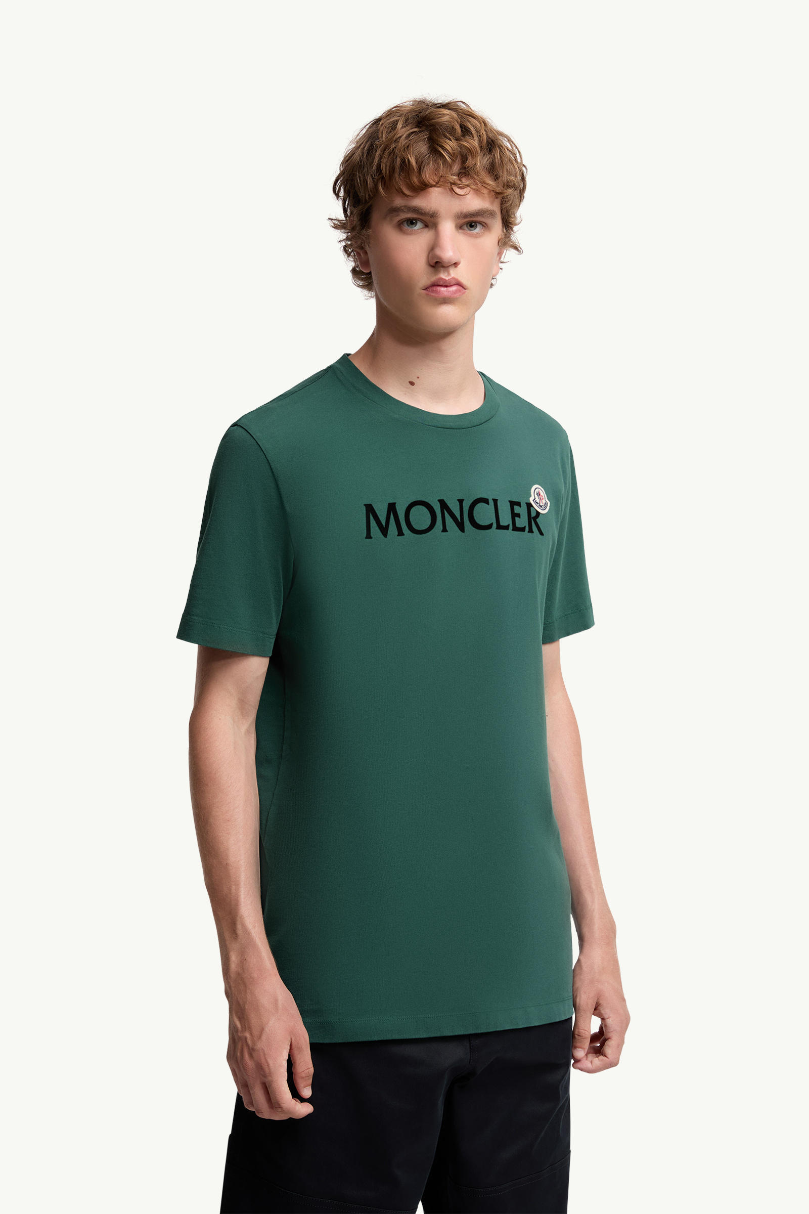 Flocked Logo Cotton T-Shirt Men Leaf Green Moncler 3