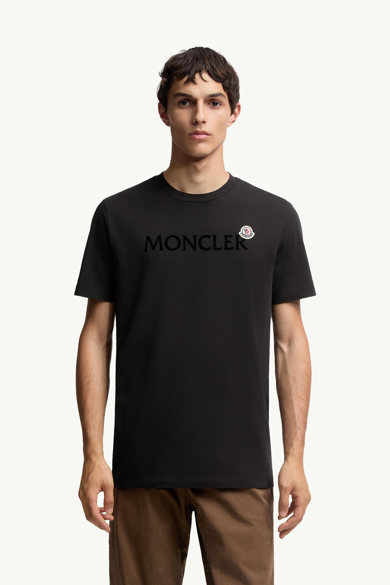 Flocked Logo Cotton T-Shirt Men Black Moncler 3