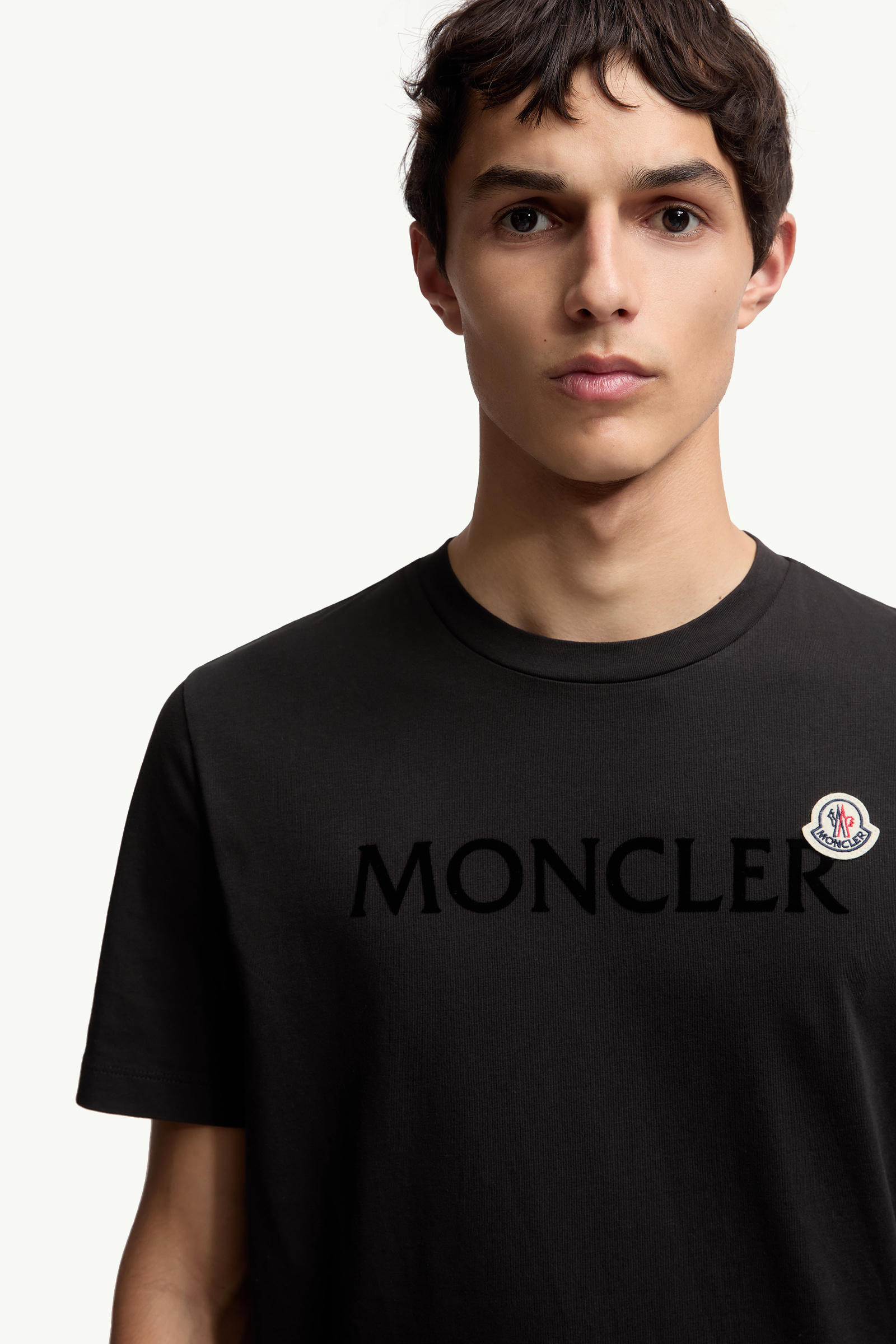 Flocked Logo Cotton T-Shirt Men Black Moncler 5