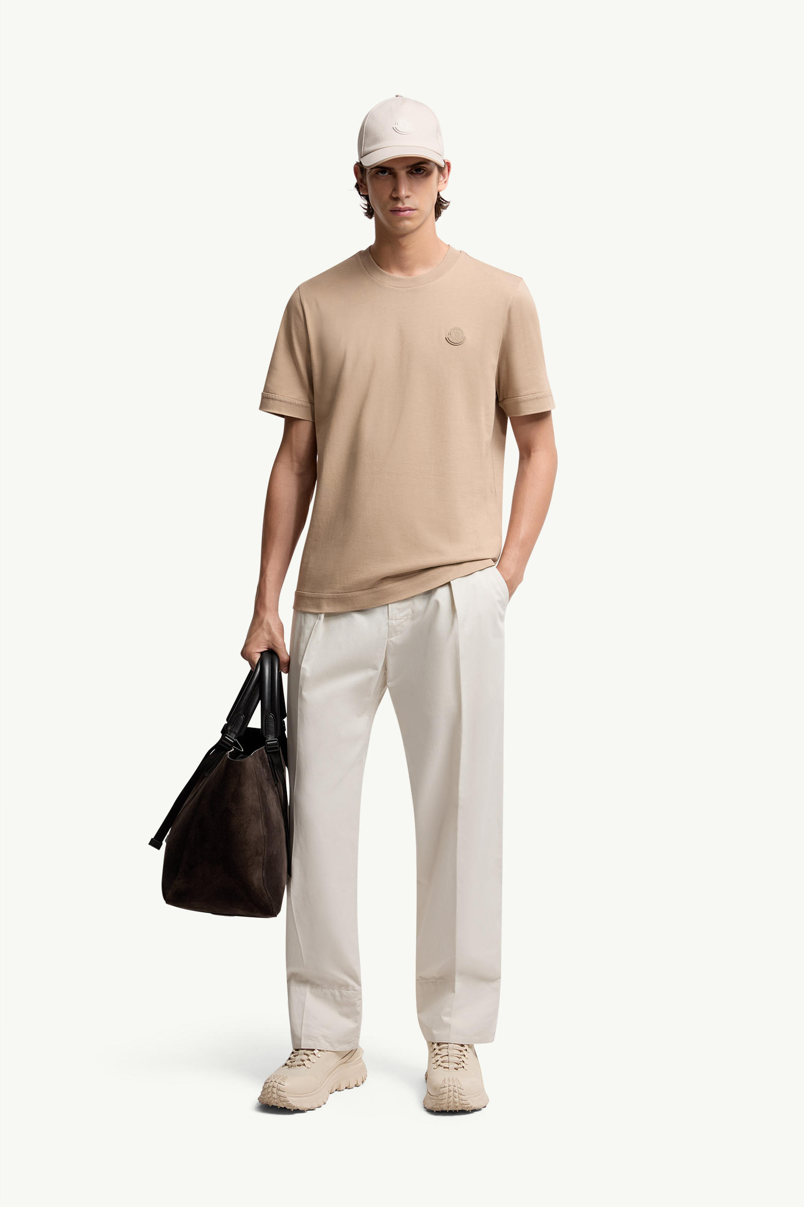 Logo Patch Cotton T-Shirt Men Light Beige Moncler 0