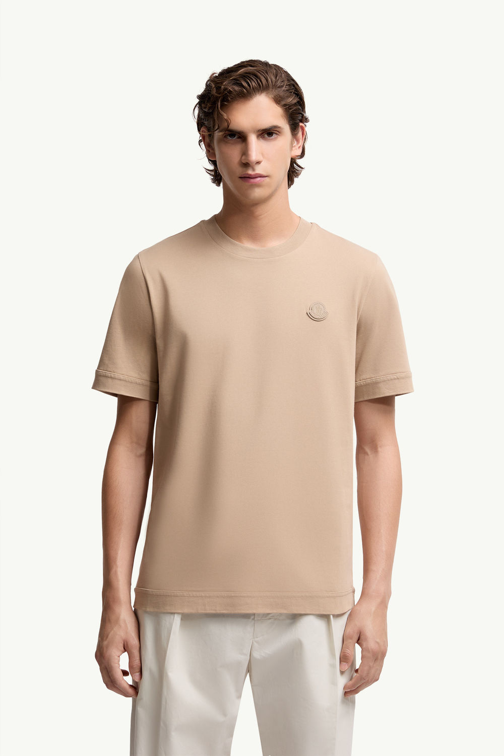 Logo Patch Cotton T-Shirt Men Light Beige Moncler 3