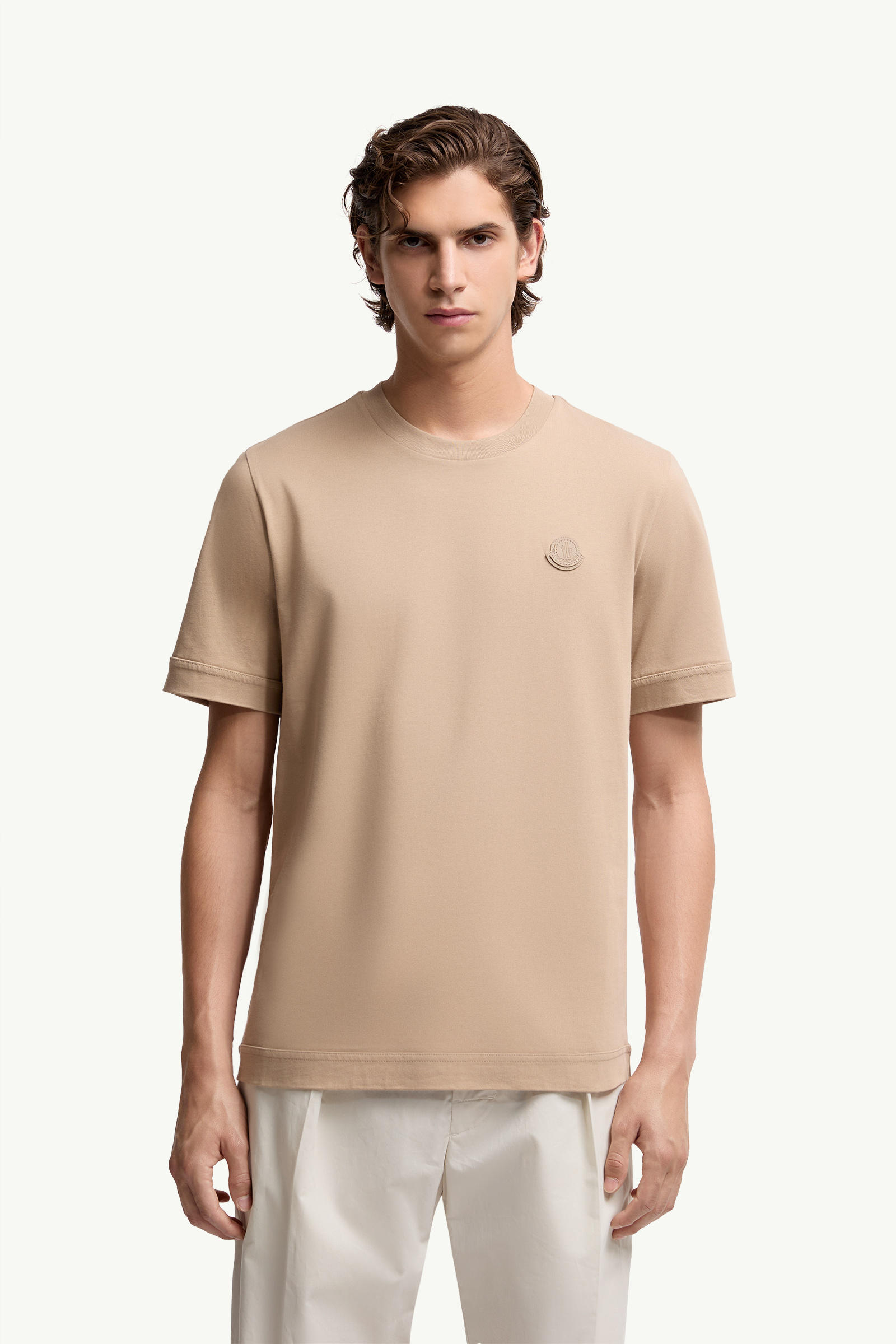 Logo Patch Cotton T-Shirt Men Light Beige Moncler 3