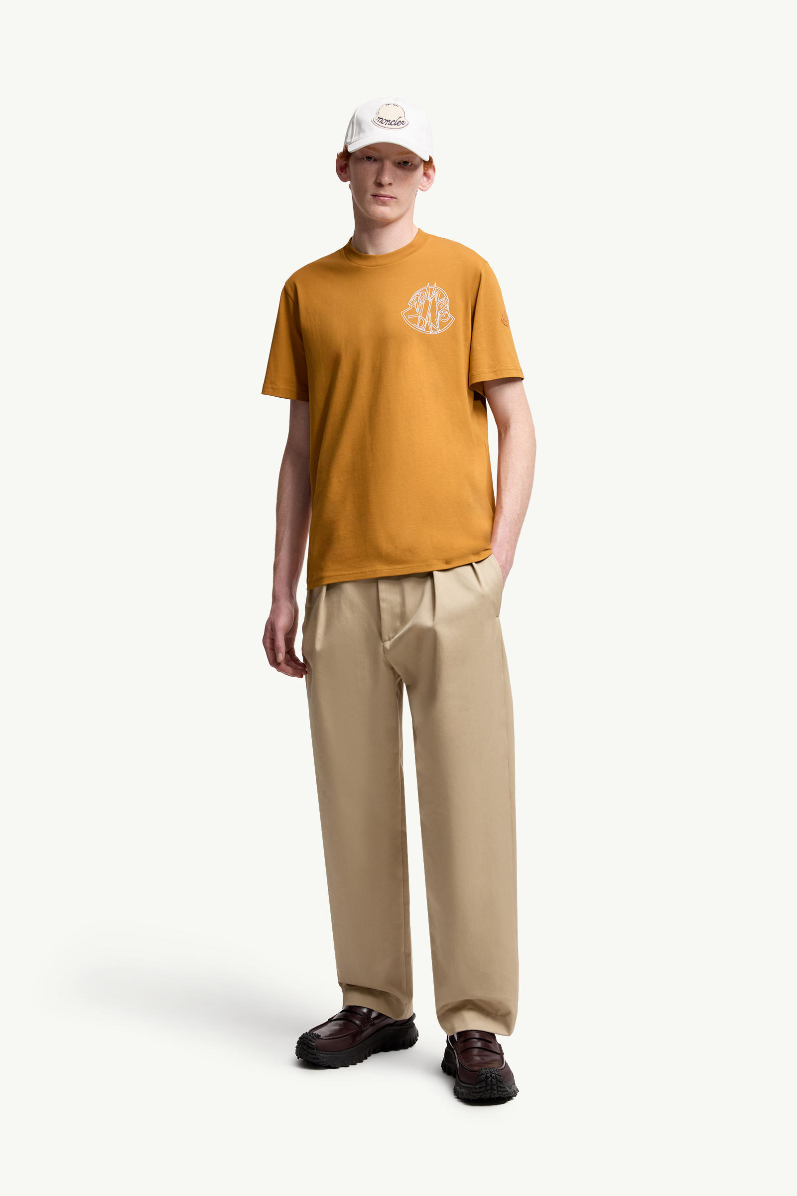 Overlapped Logo Cotton T-Shirt Men Ochre Yellow Moncler 0
