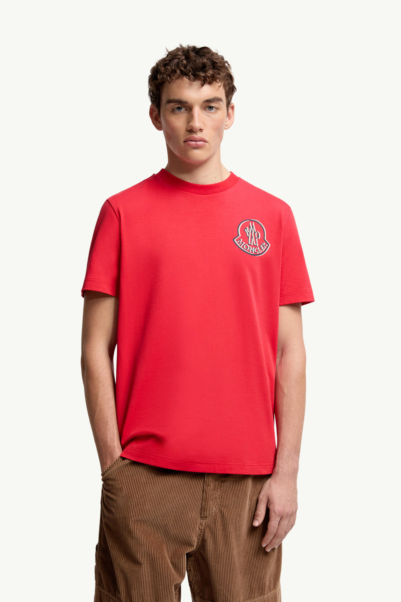 Logo Cotton T-Shirt Men Coral Red Moncler 3