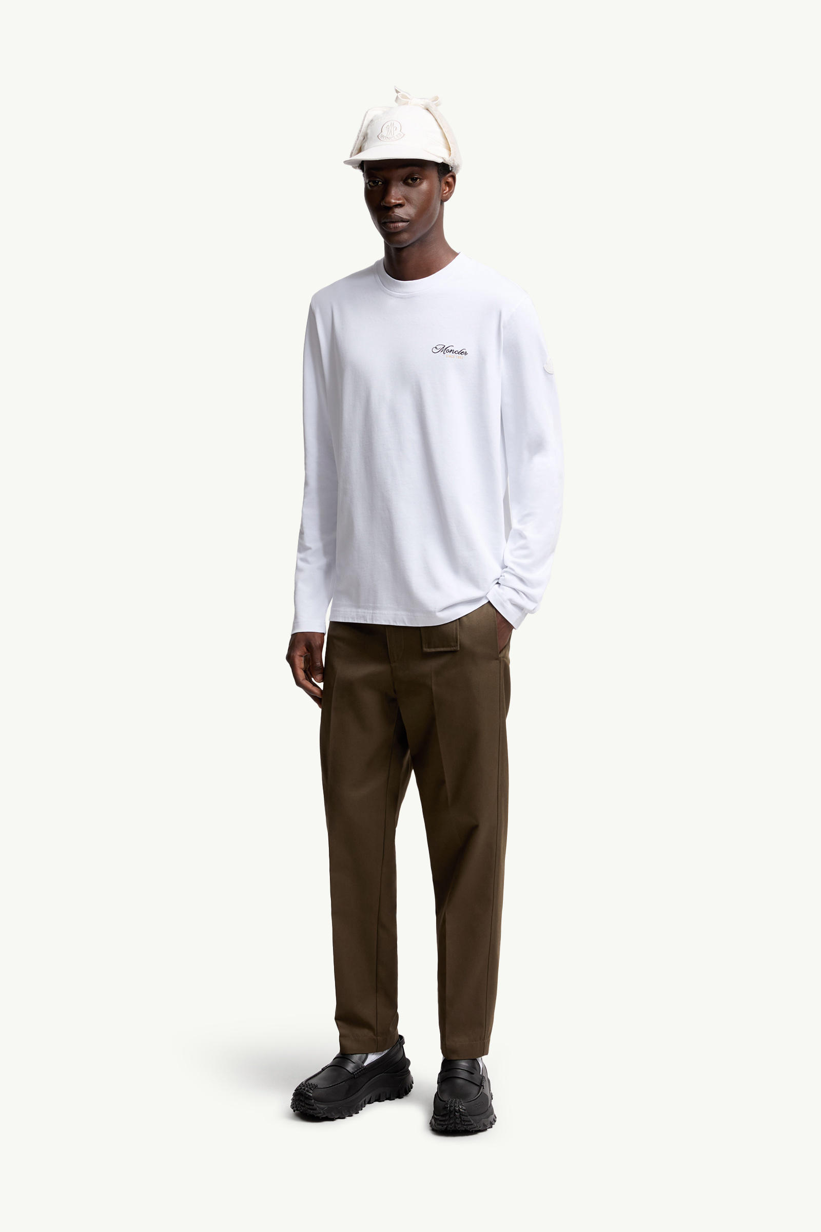 Embroidered Logo Long Sleeve Cotton T-Shirt Men White Moncler 0