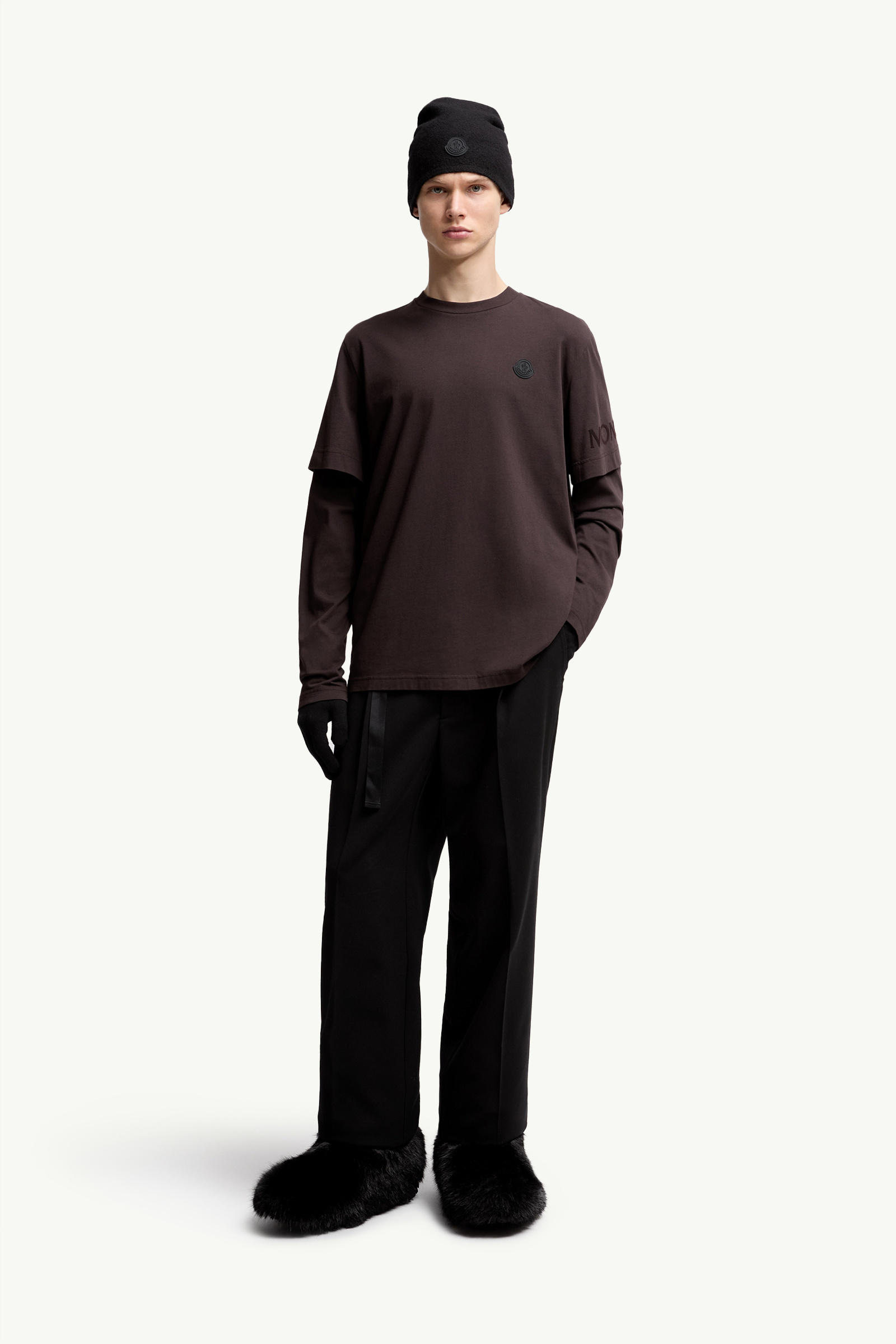 Double Sleeve Cotton T-Shirt Men Brown Moncler 0