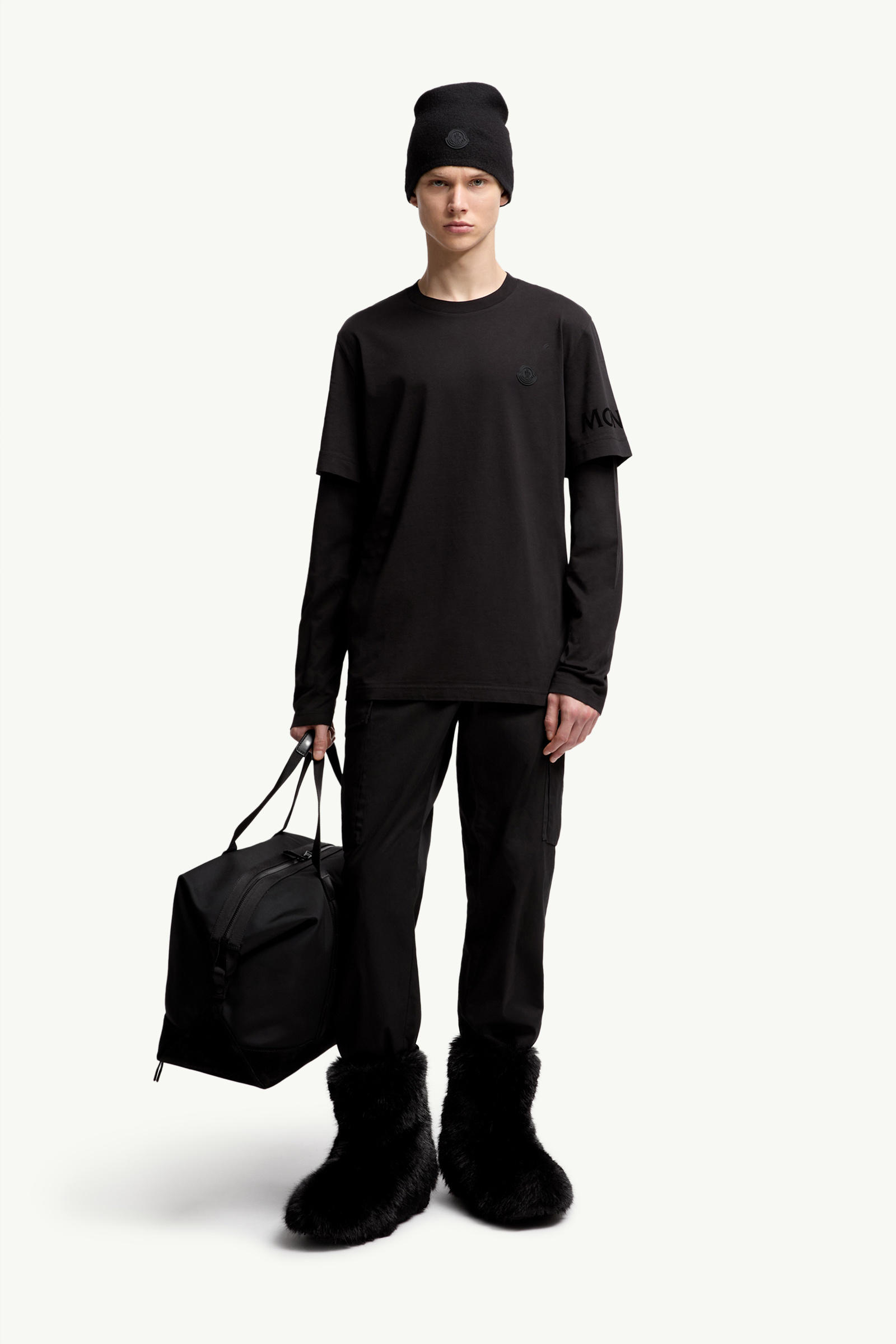 Double Sleeve Cotton T-Shirt Men Black Moncler 0