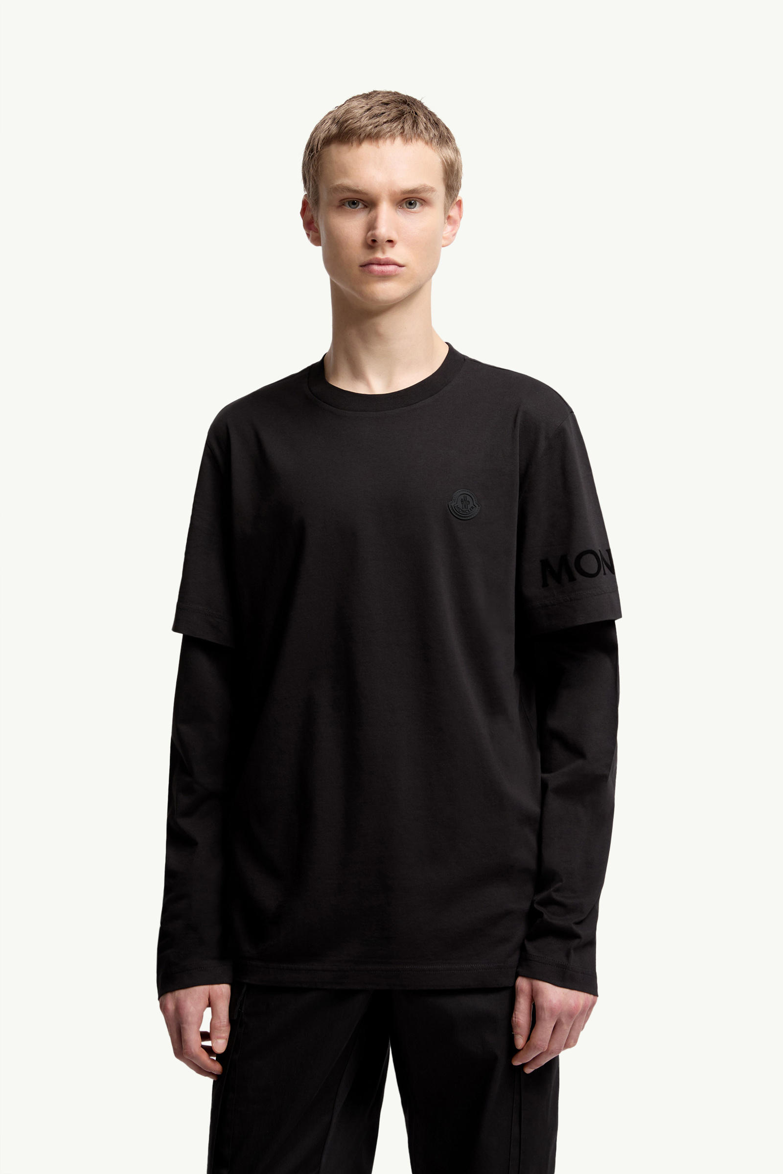 Double Sleeve Cotton T-Shirt Men Black Moncler 3