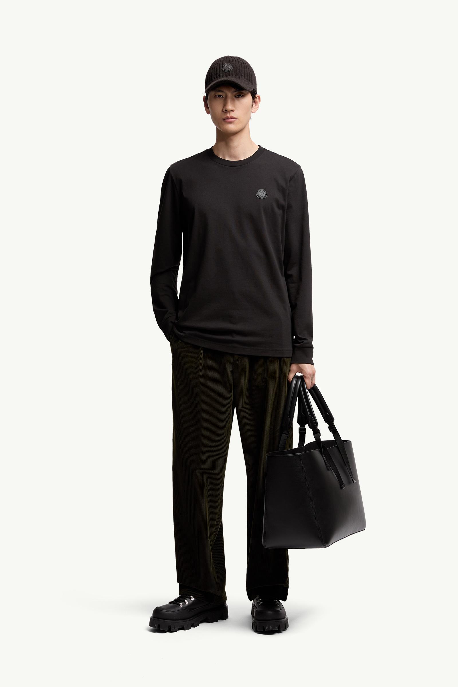 Black Leather Logo Long Sleeve Cotton T-Shirt - Polos & T-shirts