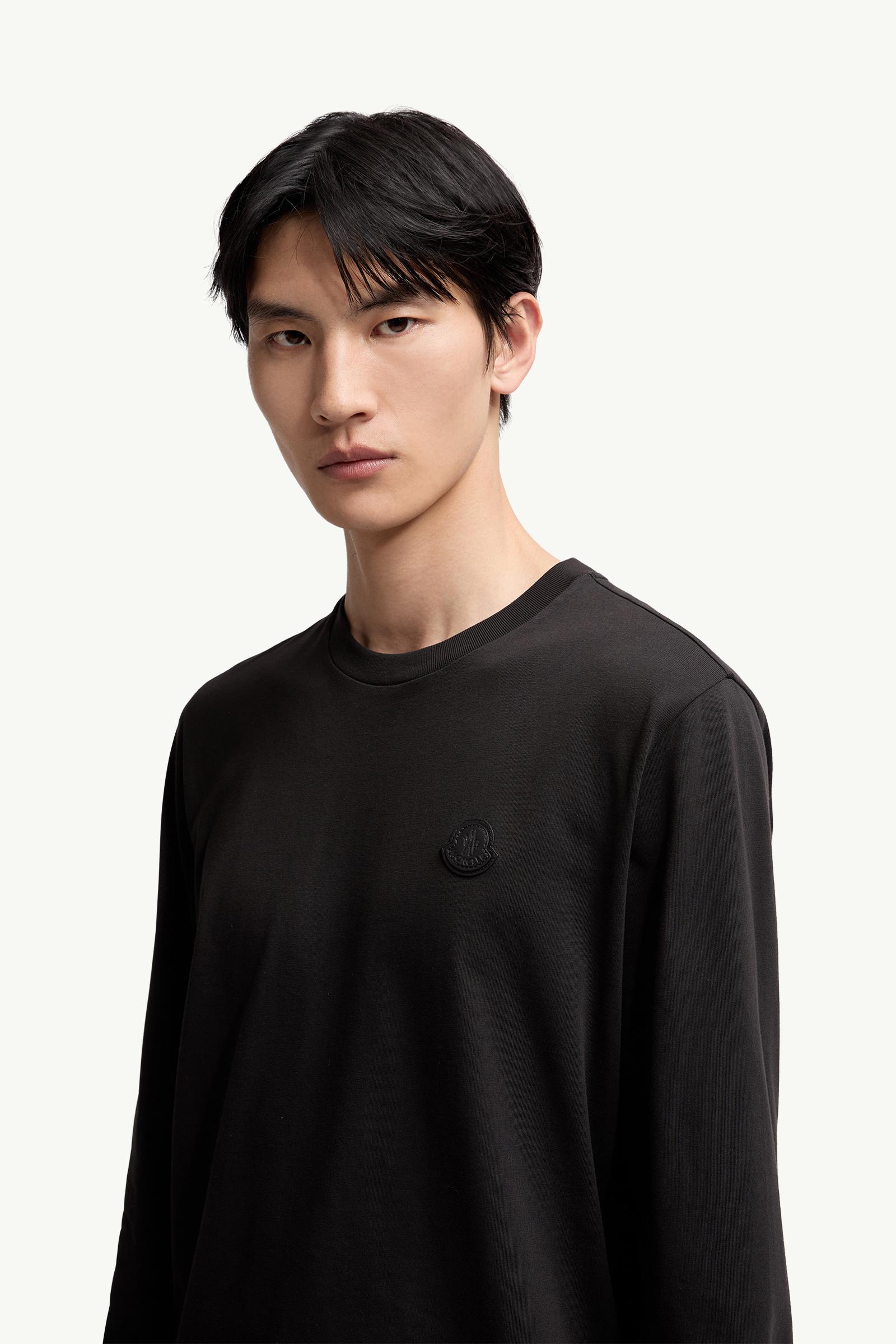 Black Leather Logo Long Sleeve Cotton T-Shirt - Polos & T-shirts