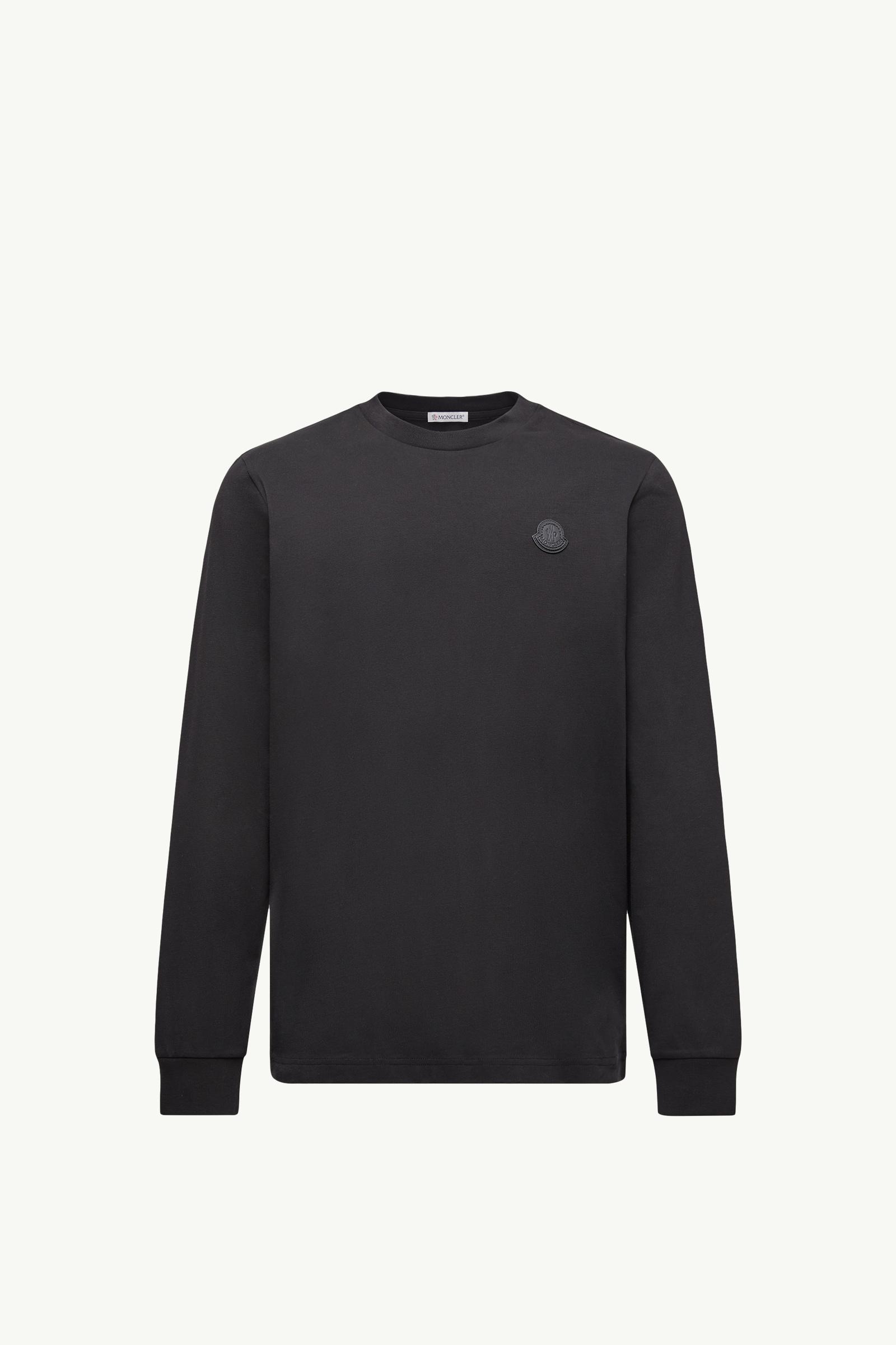 Black Leather Logo Long Sleeve Cotton T-Shirt - Polos & T-shirts